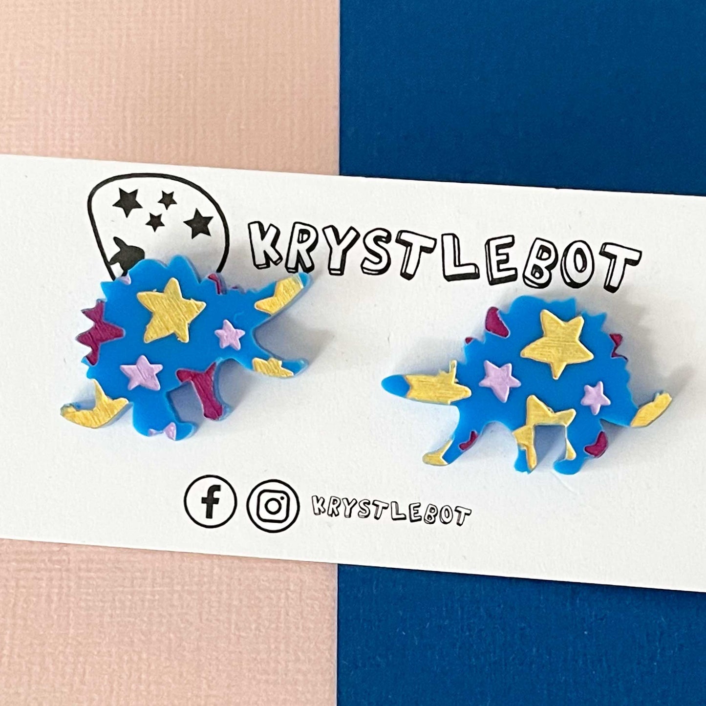 Stegosaurus Statement Studs, Pink Magenta and Mustard, Hand Painted Dinosaur Earrings, One-Off Earrings, Unique Earrings, Lightweight Acrylic