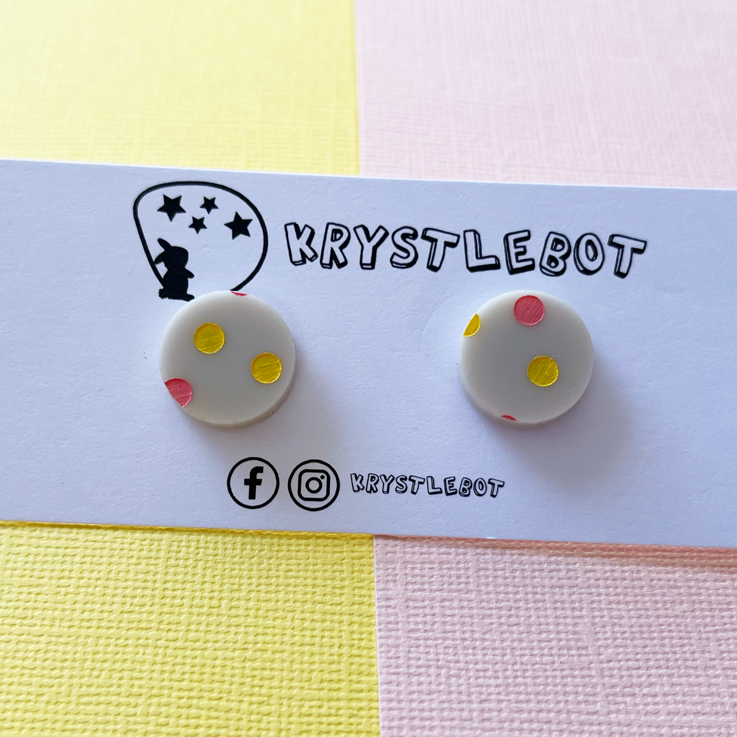 Painted Coral and Yellow spotted circle Cream Acrylic Base, Statement Studs, Acrylic Earrings Teacher Gift