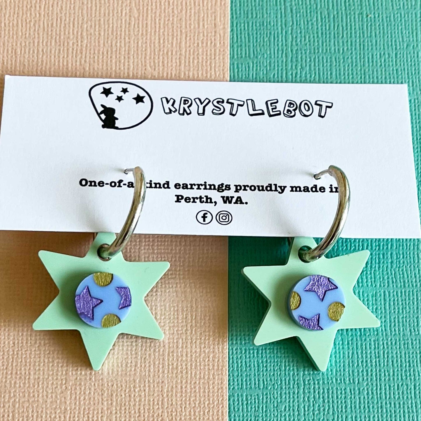 Sage Green, Blue, Gold and Purple Painted Star Huggie Hoop Square Earrings, Lightweight Acrylic Dangles, One-Off (Copy)
