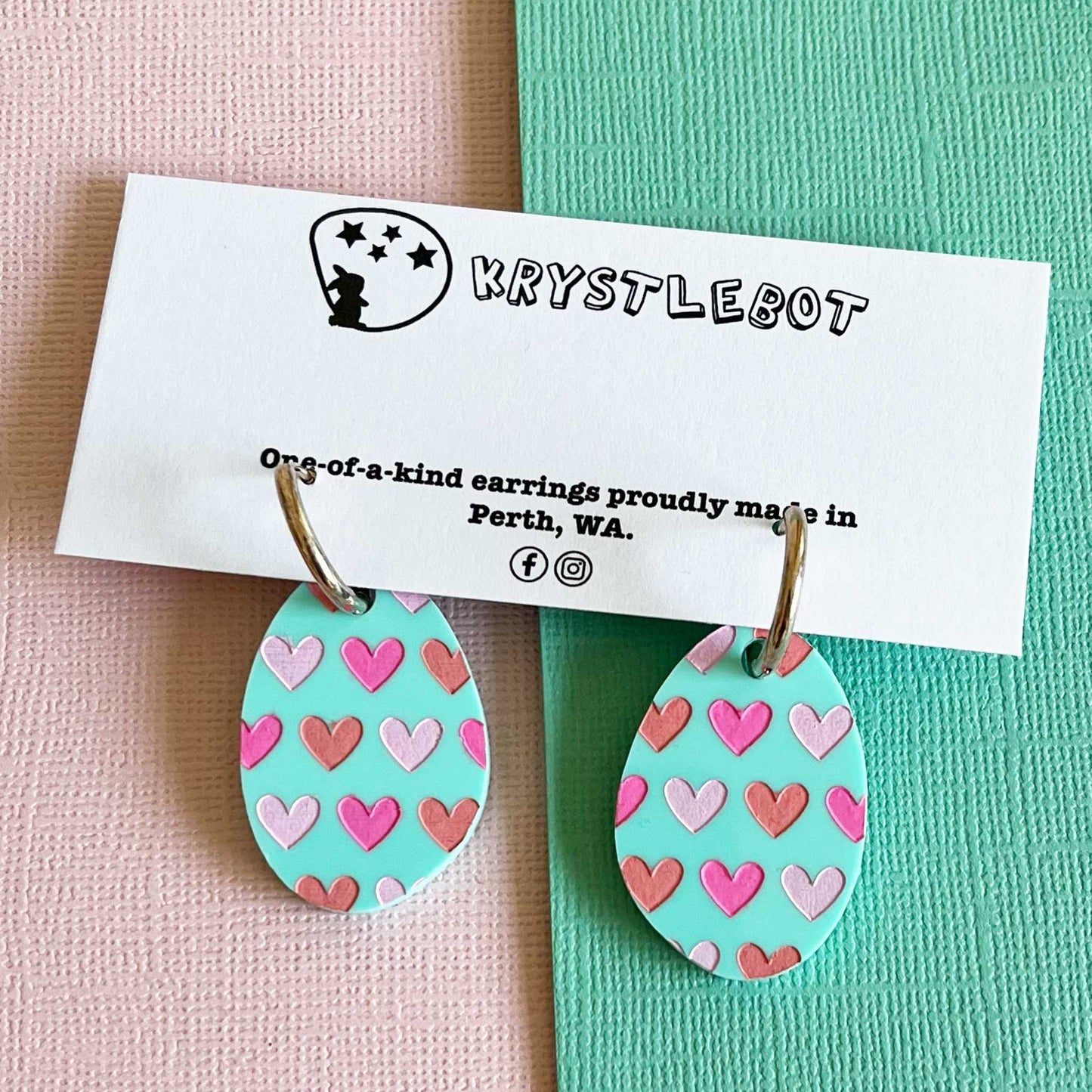 Mint Green and Pink Painted Heart Huggie Hoop Oval Earrings, Lightweight Acrylic Dangles, One-Off