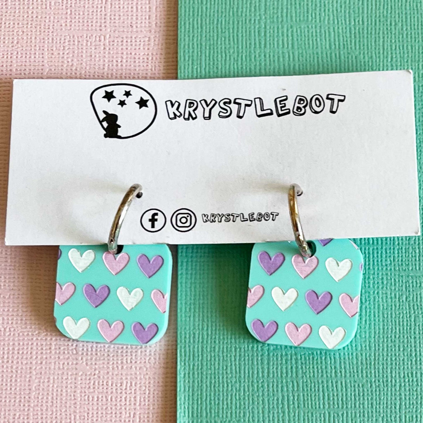 Spearmint Green, White, Pink and Purple Painted Heart Huggie Hoop Square Earrings, Lightweight Acrylic Dangles, One-Off