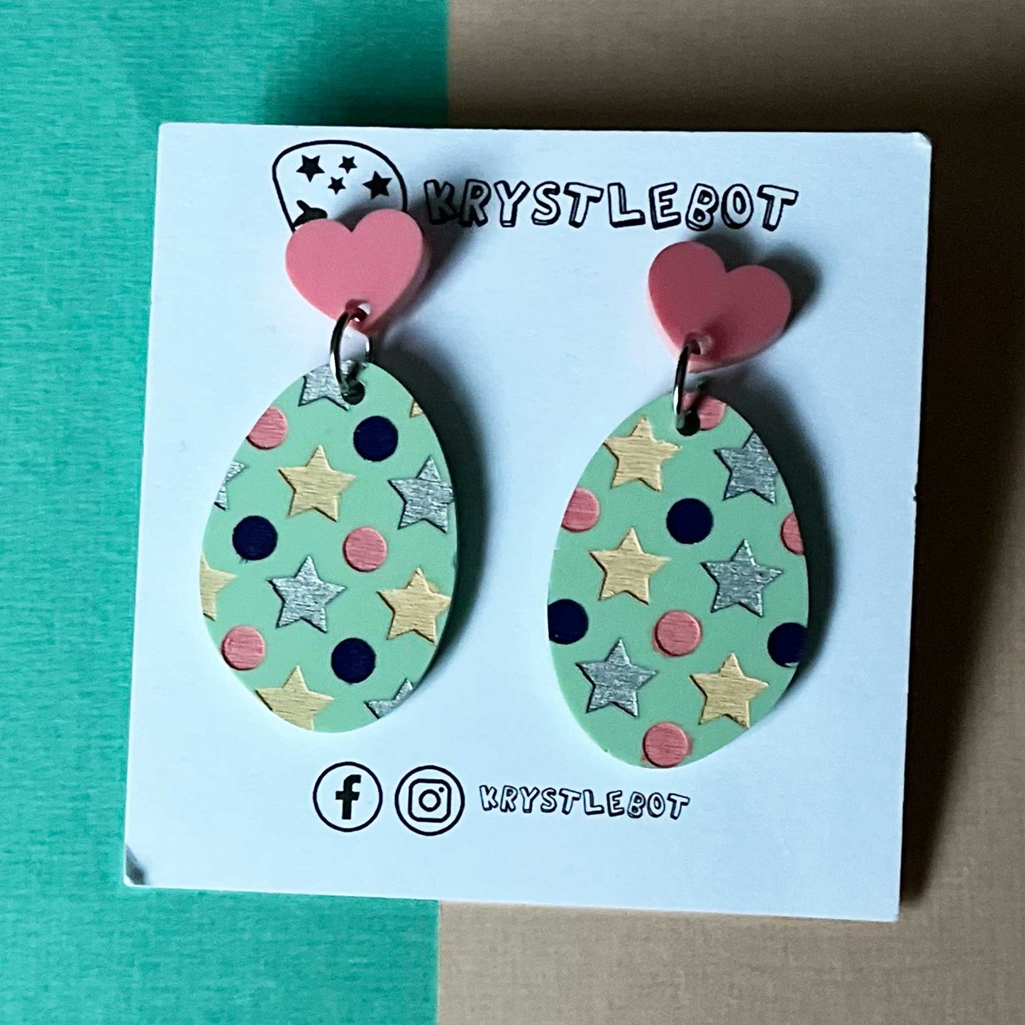 Mint green multi coloured star and spots Hand Painted Oval Earrings, Lightweight Acrylic Dangles, One-Off