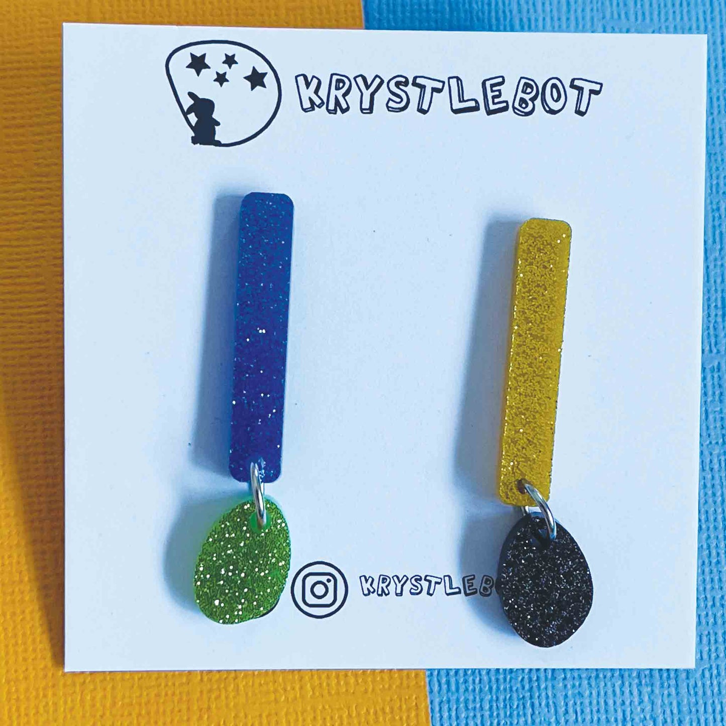 Mismatched green, yellow, blue and black glitter pop dangles, rectangular and heart combo dangles, teacher earrings, lightweight dangles