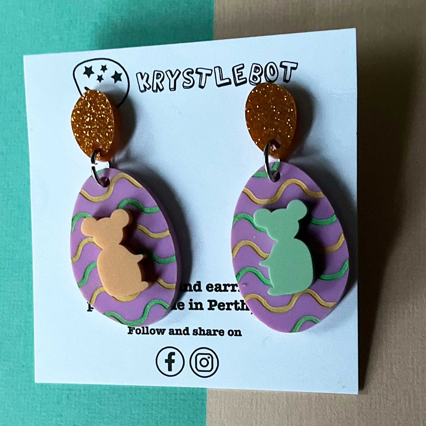 Koala Mismatched Dangles, Mint Green and Peach Orange wave Hand Painted Oval Earrings, Lightweight Acrylic Dangles, One-Off