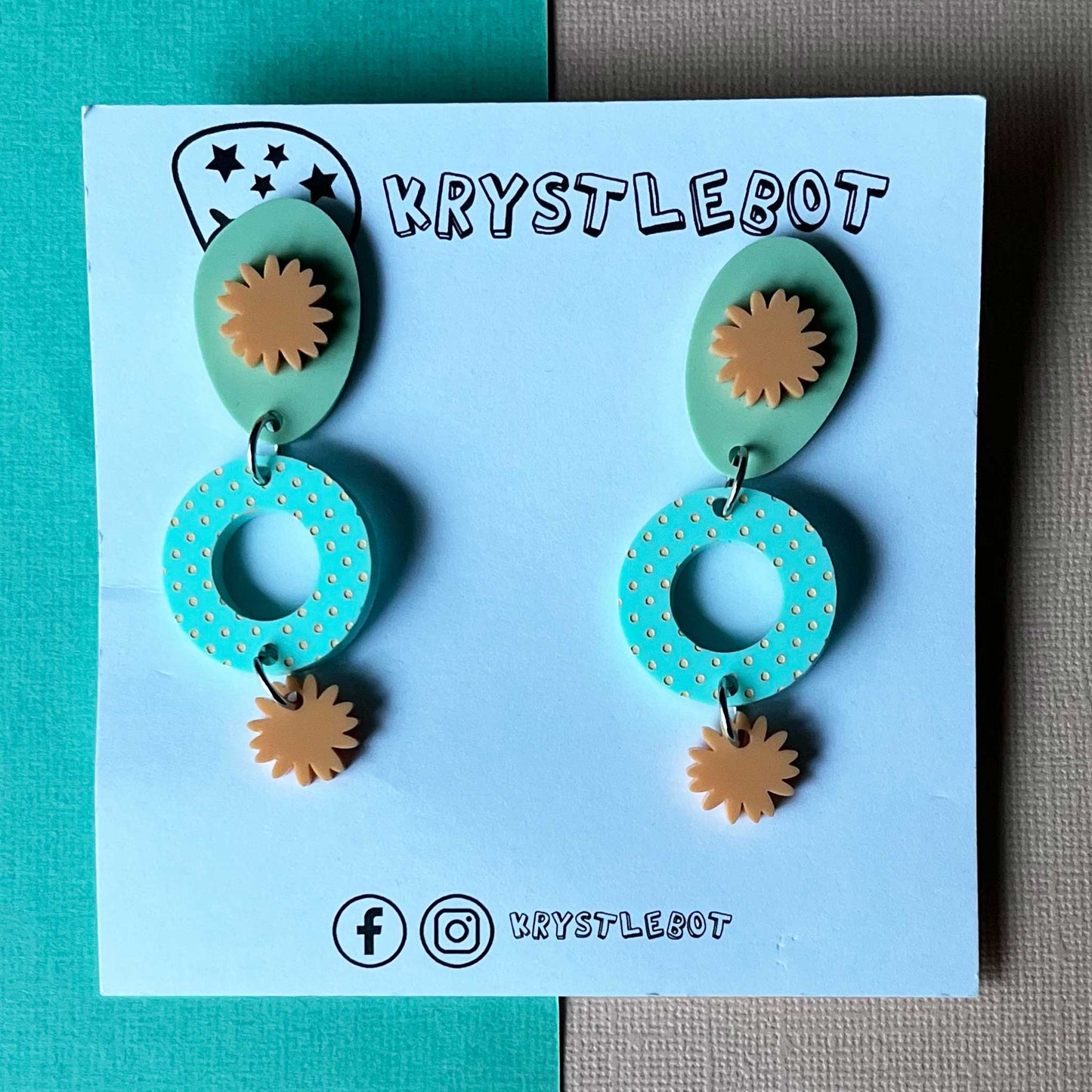 Spearmint green, orange and sage green circle, oval and starburst dangles, spotted painted pattern, Acrylic earrings, Lightweight dangles,Teacher Earrings
