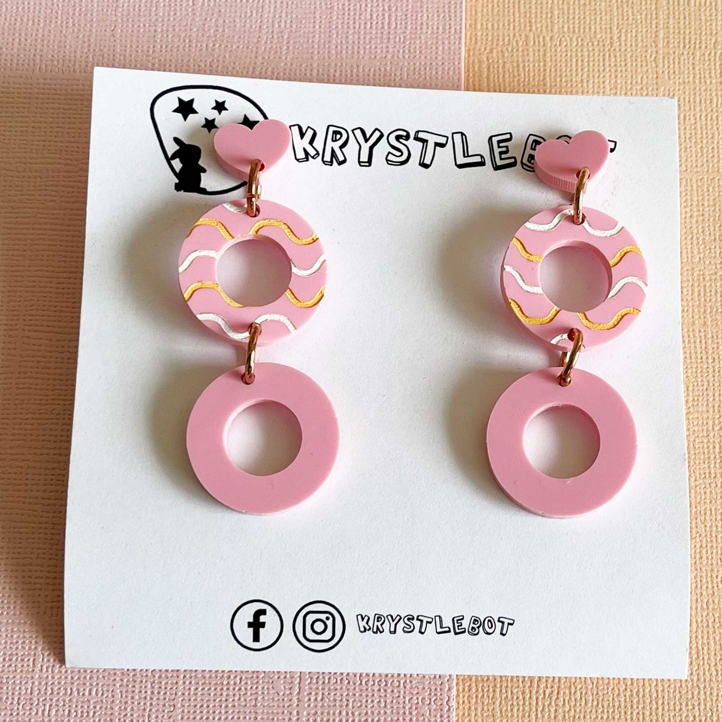 Pink heart and circle painted wave dangles, Acrylic earrings, Lightweight dangles,Teacher Earrings (Copy)