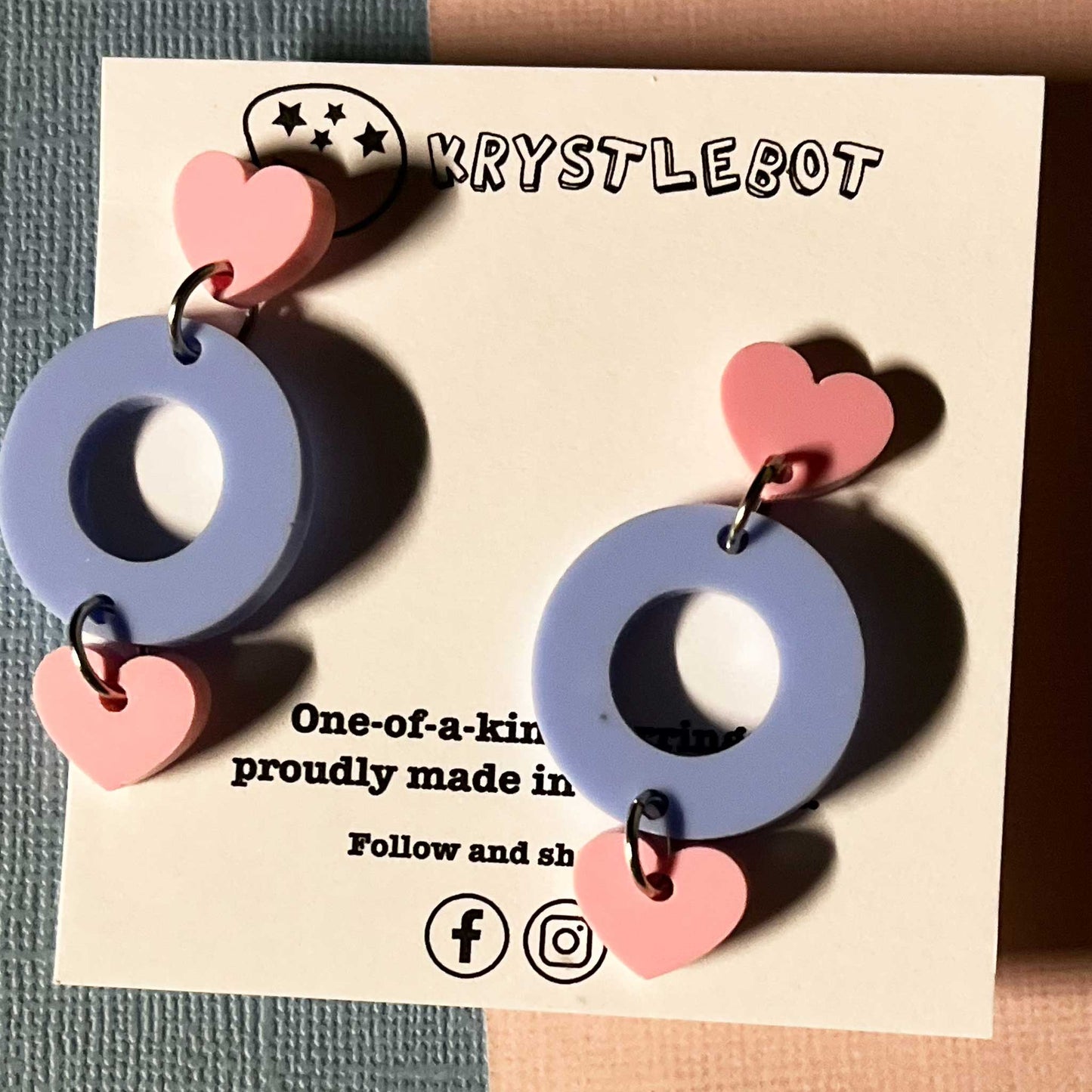 Blue and Light Pink Circle and Heart Dangles, Acrylic earrings, Lightweight dangles,Teacher Earrings