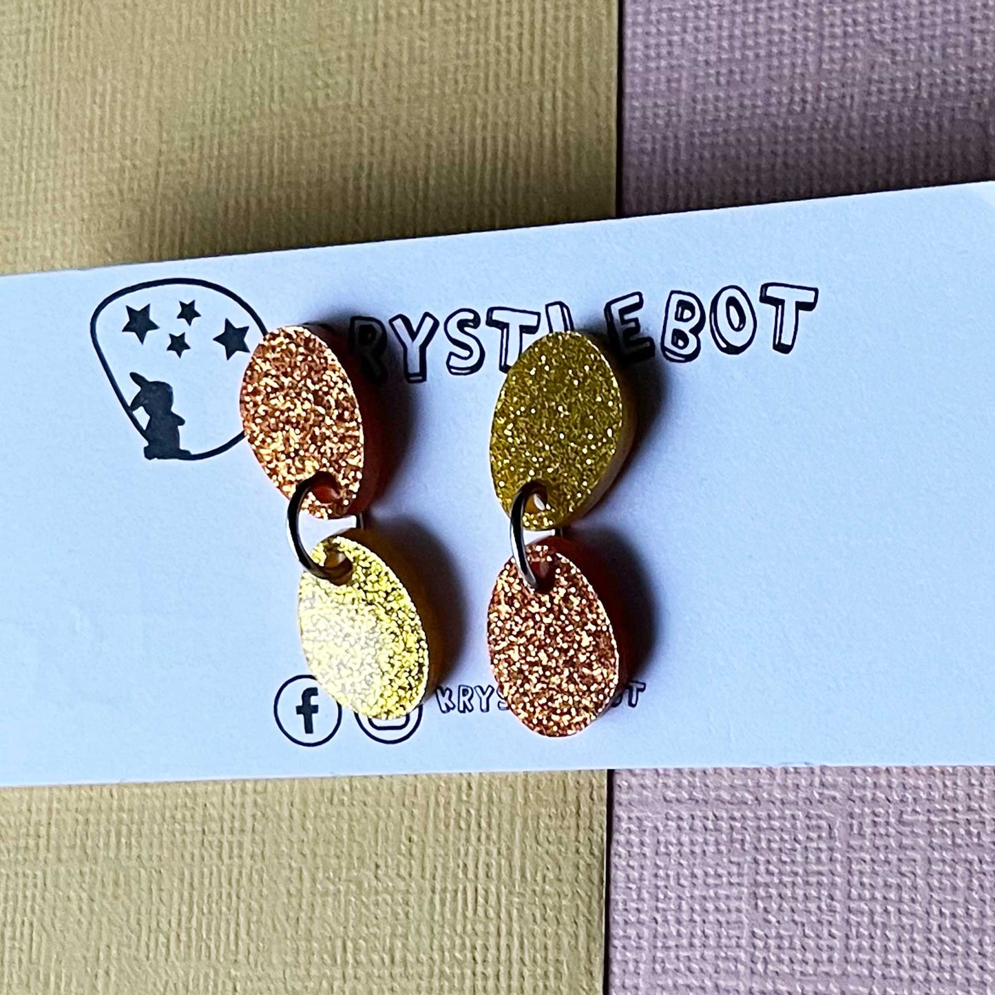 Orange and Yellow sports glitter small oval dangle earrings, mismatch lightweight earrings, teacher dangles, kid earrings, first earrings