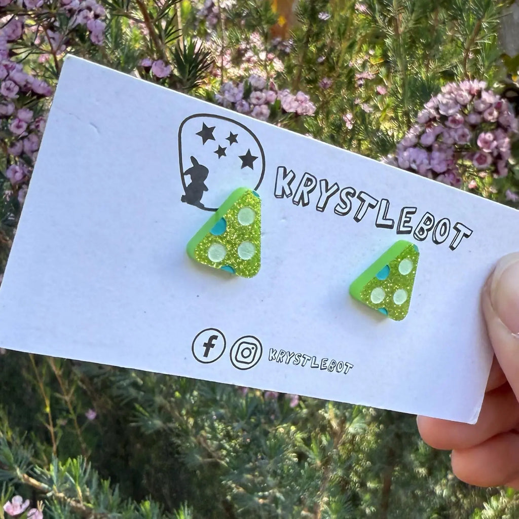 Lime green glitter green and teal spotted painted triangle studs, Teacher Gifts, Everyday earrings, Basic Studs