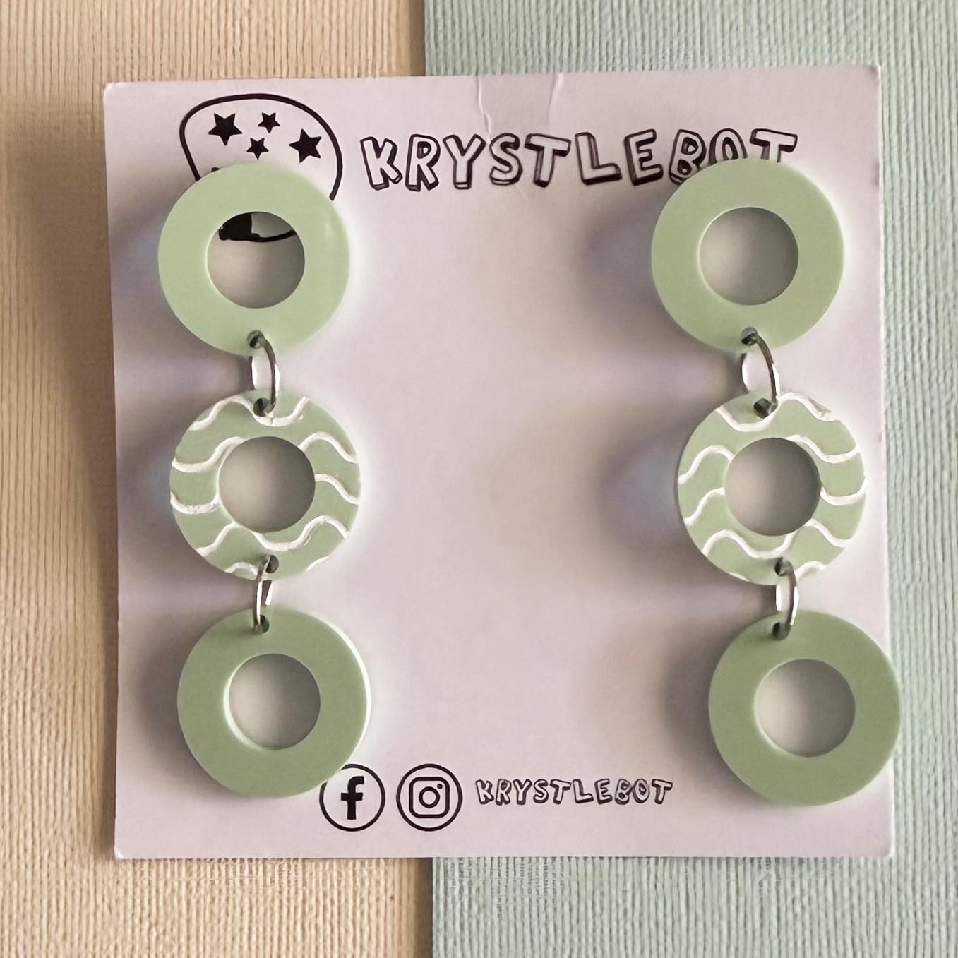 Green Circle Trio Dangles - Hand Painted Wave