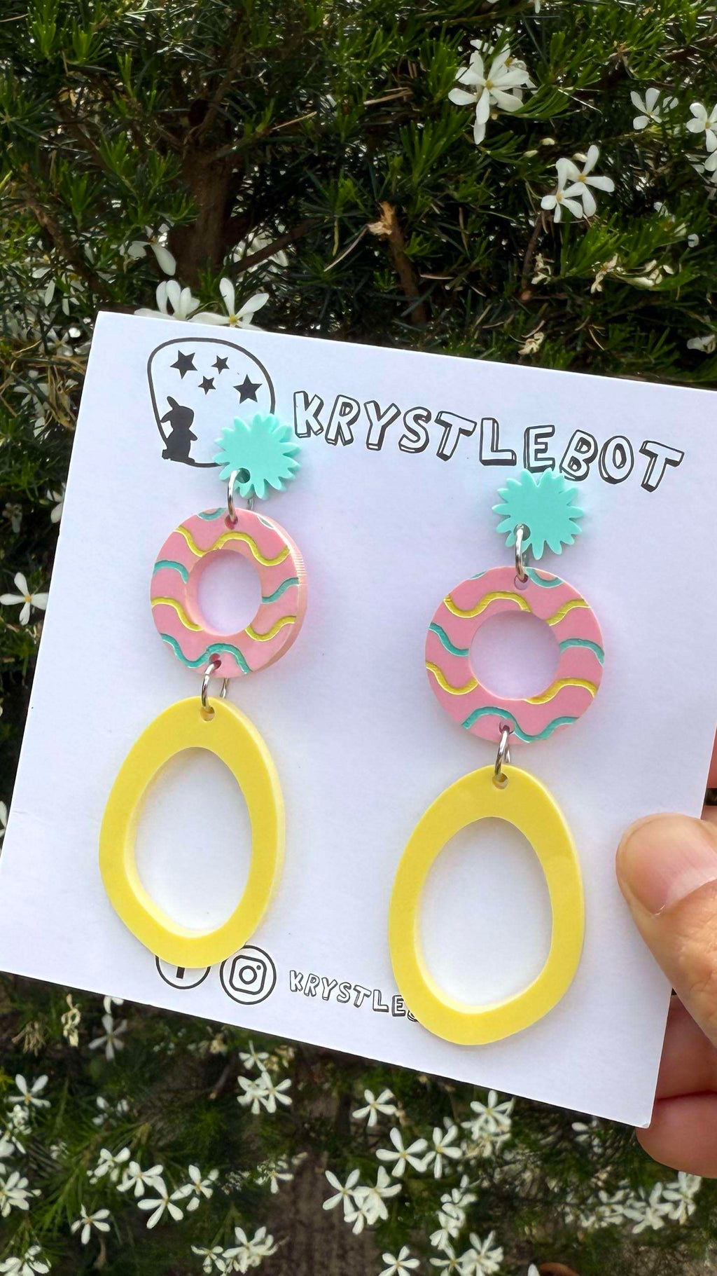 Spearmint green, pink and yellow circle and large oval dangle earrings with wave patterned painted centre, Acrylic earrings, Lightweight dangles,Teacher Earrings