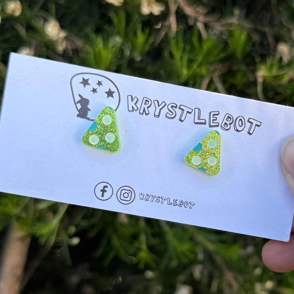 Lime green glitter green and teal spotted painted triangle studs, Teacher Gifts, Everyday earrings, Basic Studs