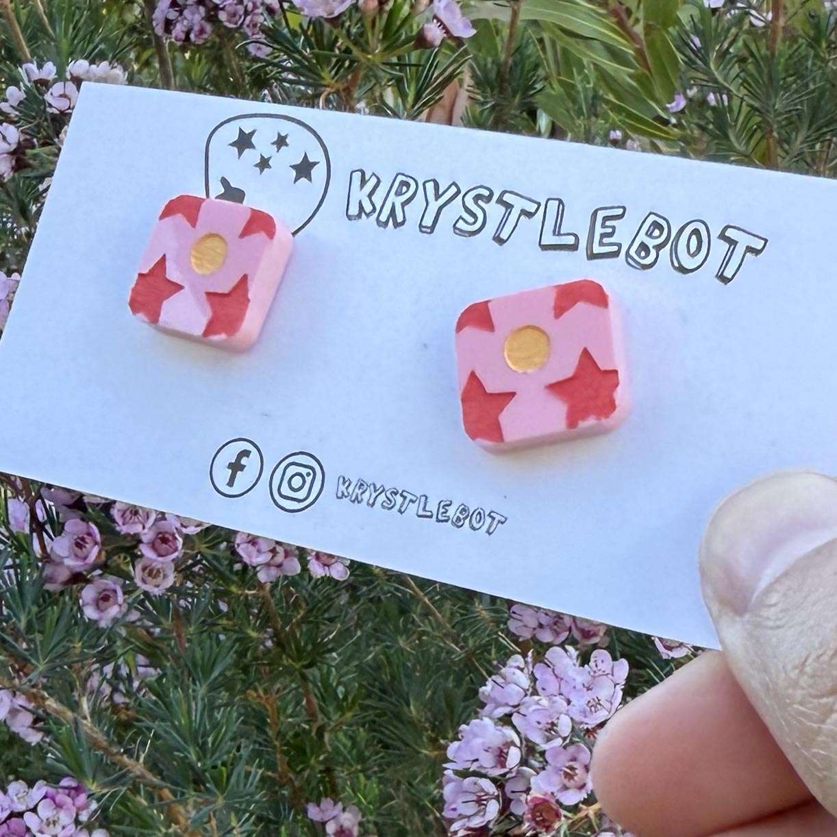 Pink red star and peach moon hand painted square shaped acrylic earrings, one-of-a-kind, only one made like this