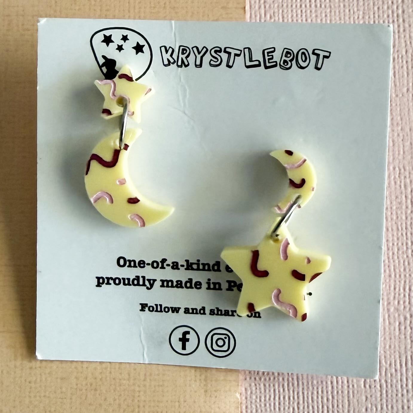 Yellow Star Moon Mismatched Hand Painted Heart Dangles Etsy