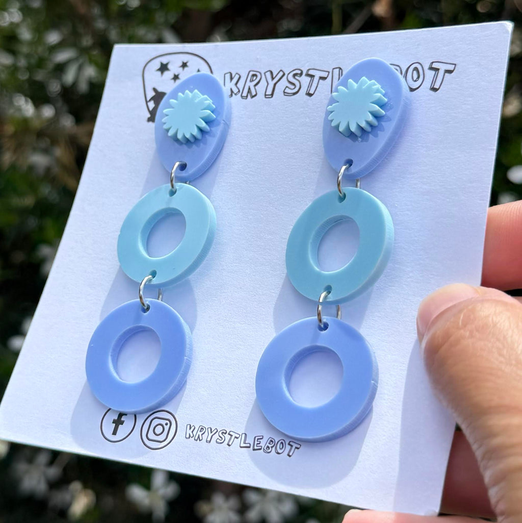 Two toned Blue Oval and Circle starburst dangles, Acrylic earrings, Lightweight dangles,Teacher Earrings