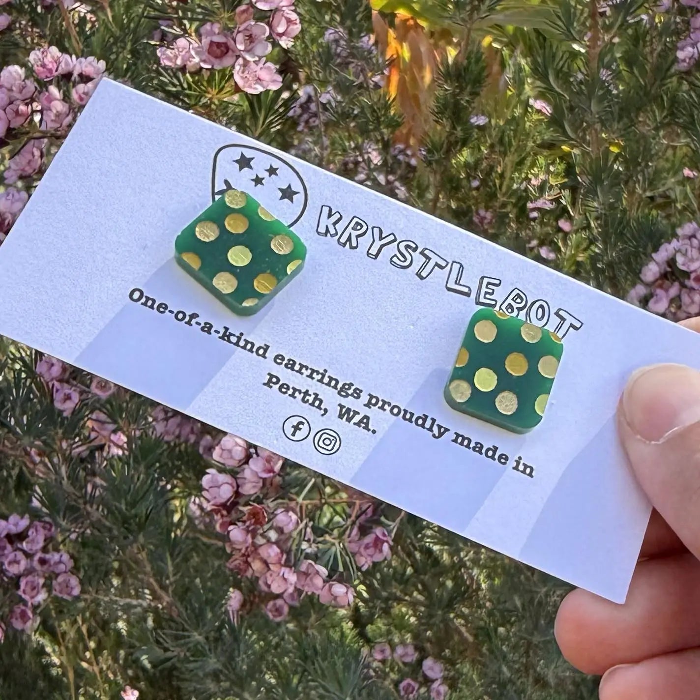 Green and yellow spotted hand painted square shaped acrylic earrings, one-of-a-kind, only one made like this