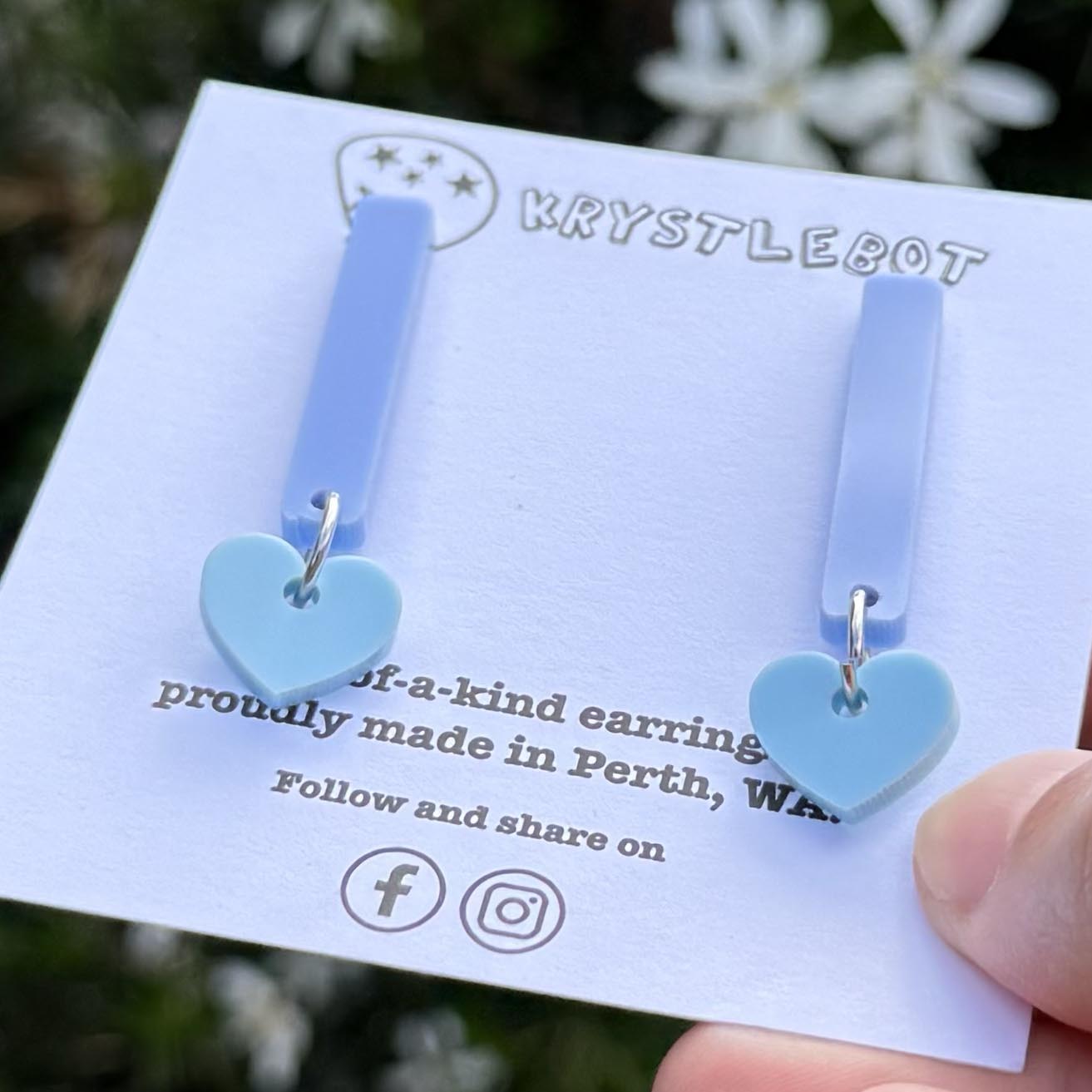 Blue heart coloured pop dangles, rectangular and heart combo dangles, teacher earrings, lightweight dangles