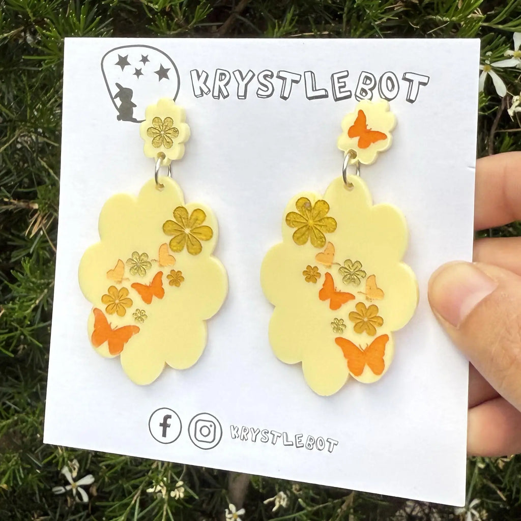 Yellow flower and butterfly Inspired Hand Painted Flower Cloud Burst Earrings, Lightweight Acrylic Dangles, One-Off