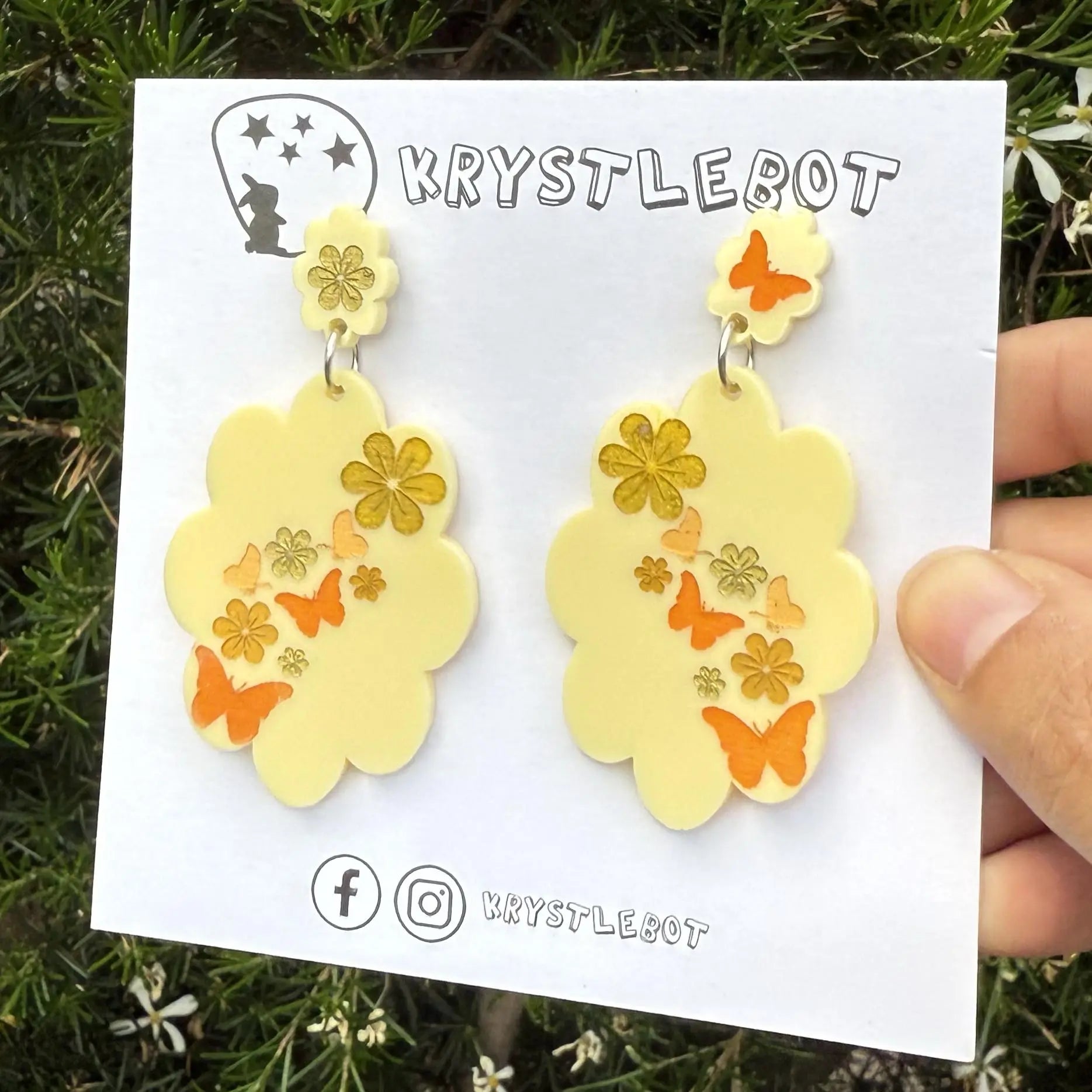 Yellow flower and butterfly Inspired Hand Painted Flower Cloud Burst Earrings, Lightweight Acrylic Dangles, One-Off