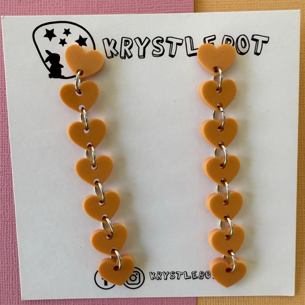 Orange sweetheart dangles, mini heart dangles, acrylic earrings, teacher earrings, lightweight dangles