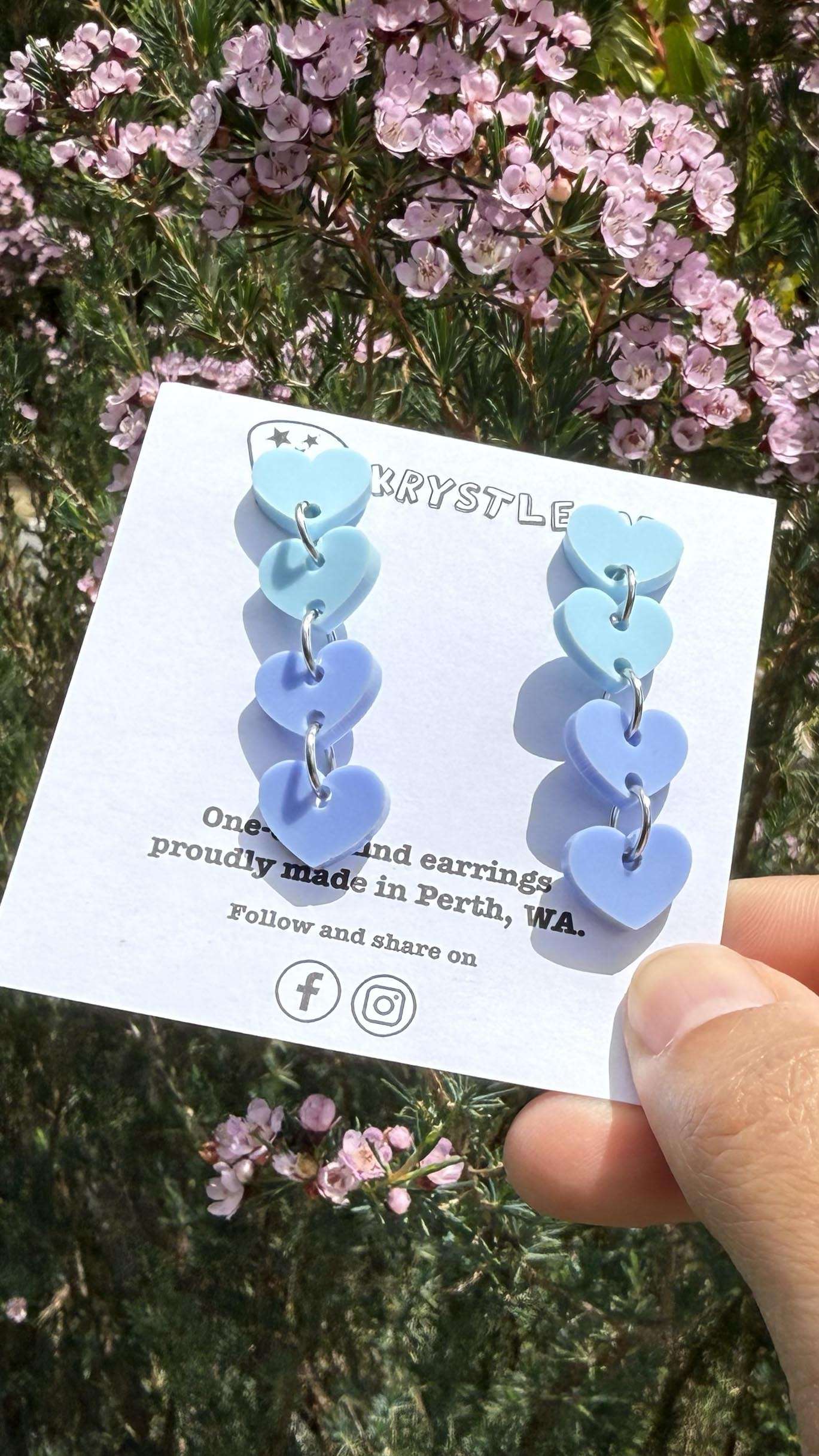 Two toned blue sweetheart dangles, mini heart dangles, acrylic earrings, teacher earrings, lightweight dangles