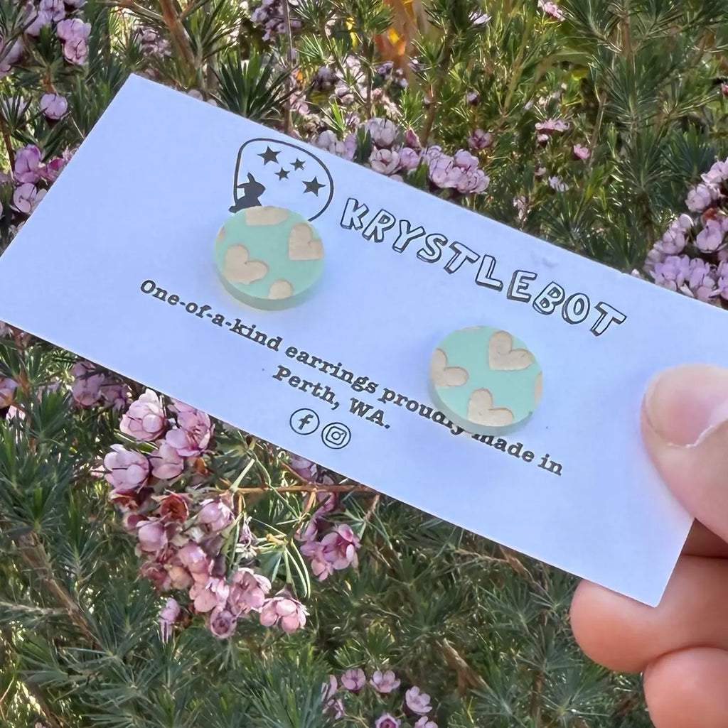 Green and cream heart painted oval studs, Teacher Gifts, Everyday earrings, Basic Studs