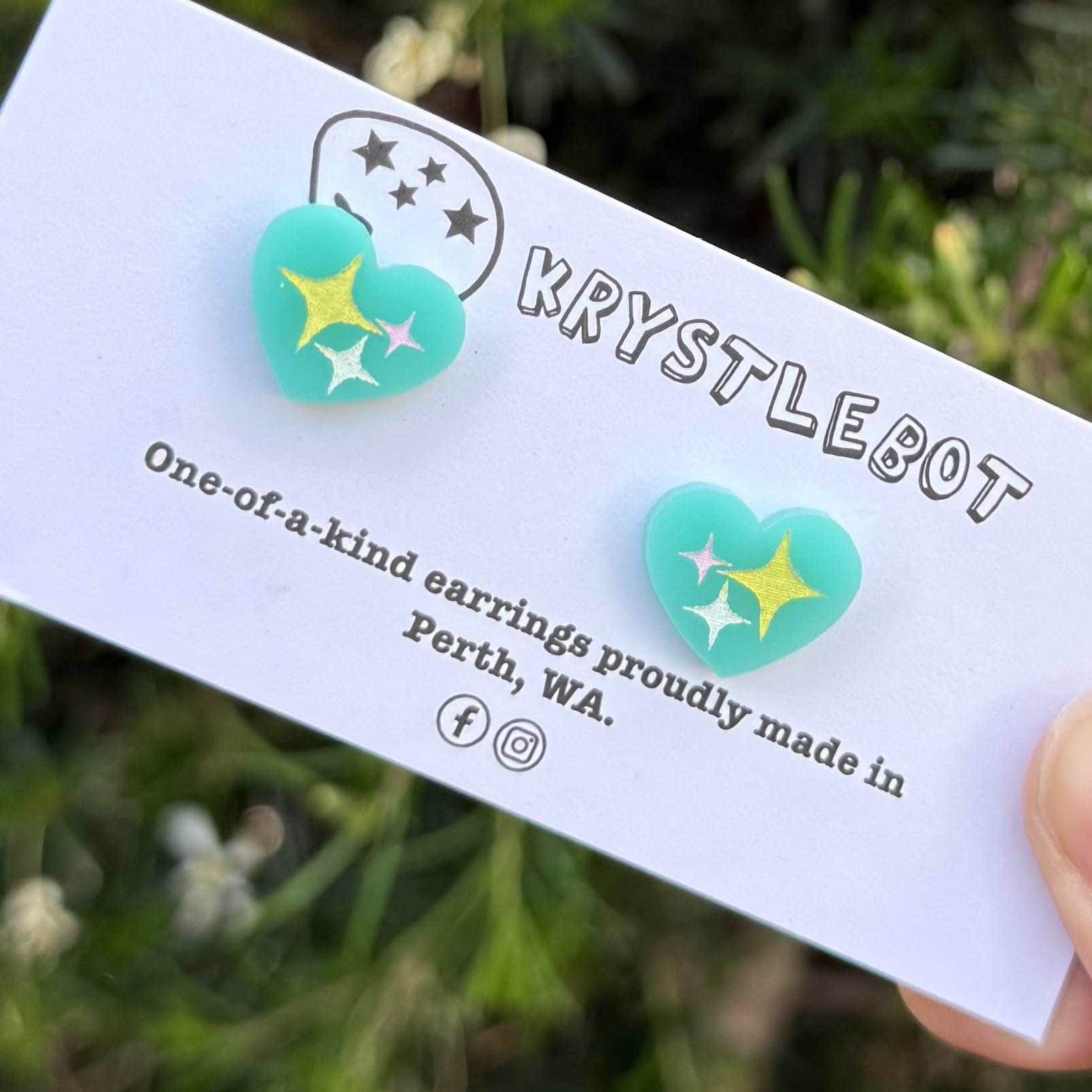 Teal green mini heart trio hand painted acrylic earrings, one-of-a-kind, only one made like this