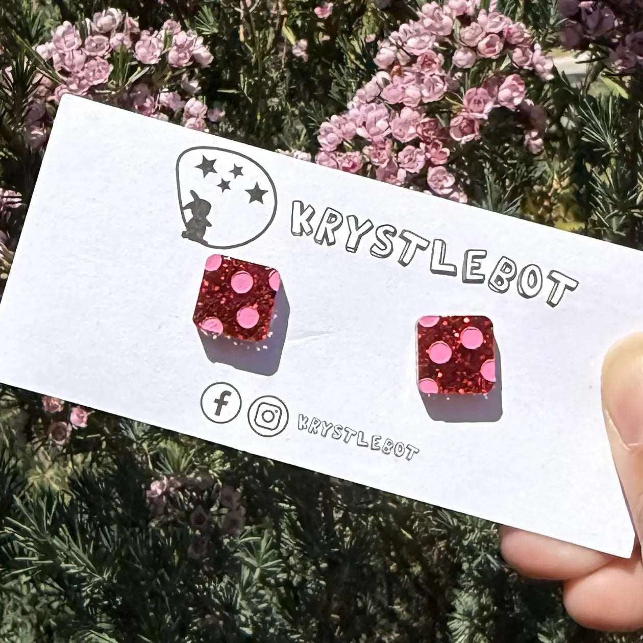 Red glitter with pink coloured spotted painted square studs, Teacher Gifts, Everyday earrings, Basic Studs