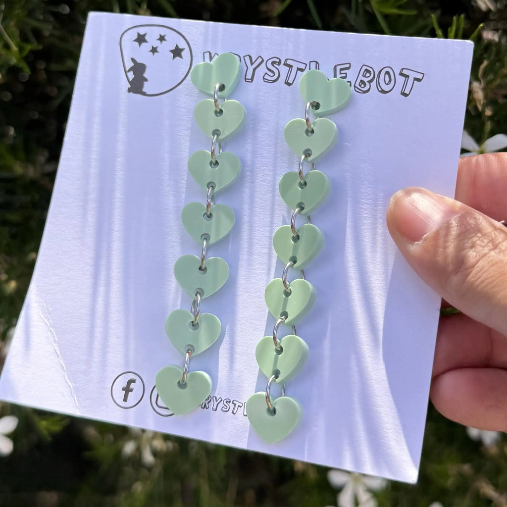 Sage green sweetheart dangles, mini heart dangles, acrylic earrings, teacher earrings, lightweight dangles