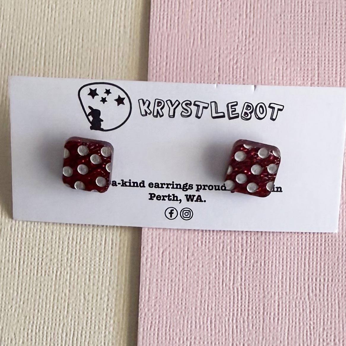 Red and silver spotty square studs Krystlebot