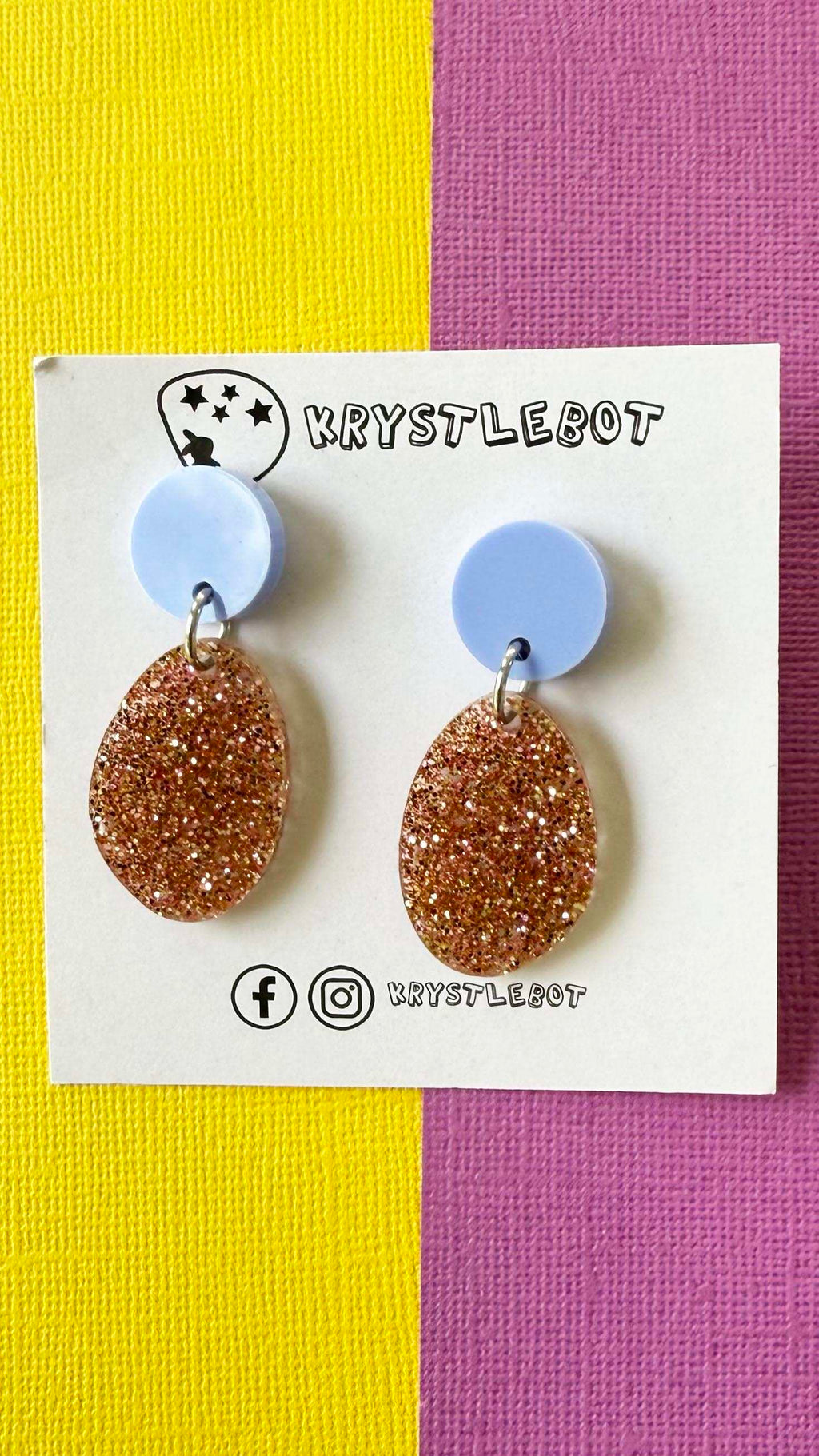 Pink Rose Gold Glitter Oval Statement Dangles with blue circle stud tops, Abstract Oval, Teacher Earrings, Small Earrings