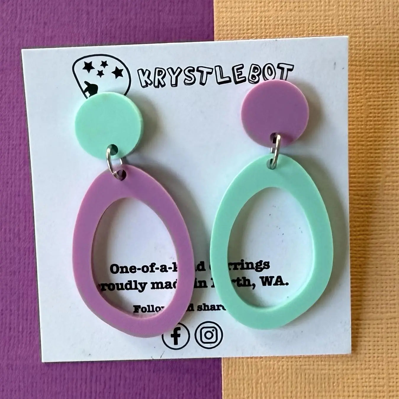 Mint and purple Mismatched Oval Statement Dangles, Abstract Oval, Teacher Earrings, Large Mega Earrings