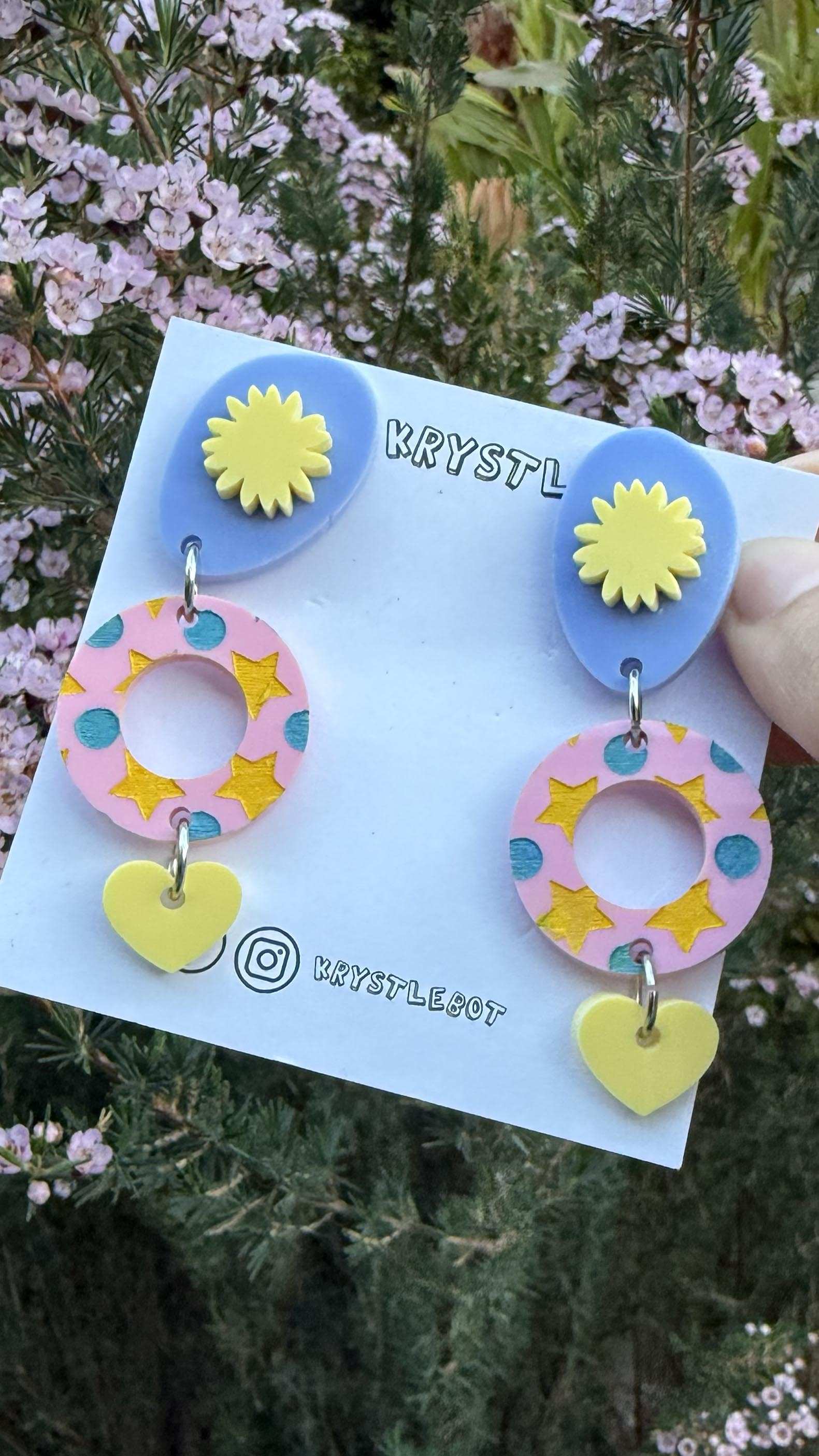 Yellow, blue and pink circle, oval and heart starburst dangles, star painted pattern, Acrylic earrings, Lightweight dangles,Teacher Earrings
