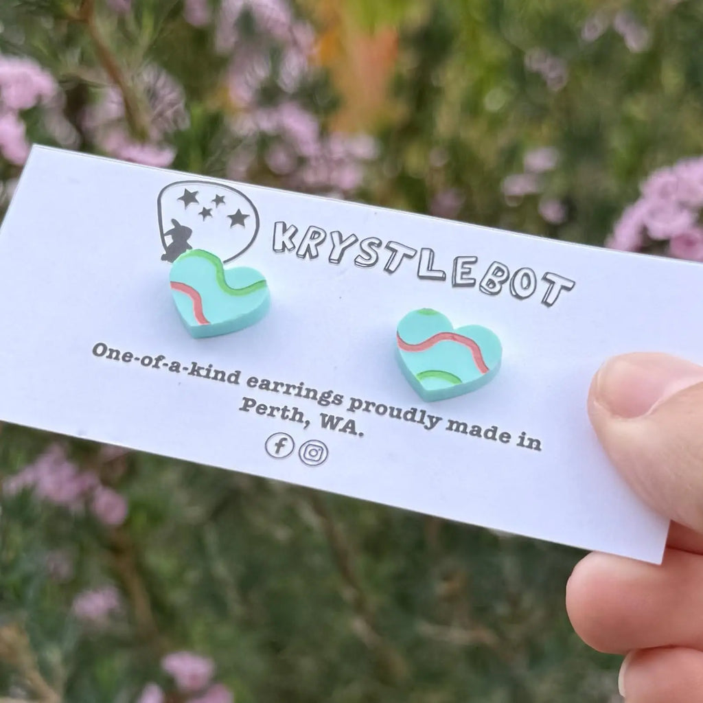 Green mini wave squiggles painted love heart studs, Teacher Gifts, Everyday earrings, Basic Studs