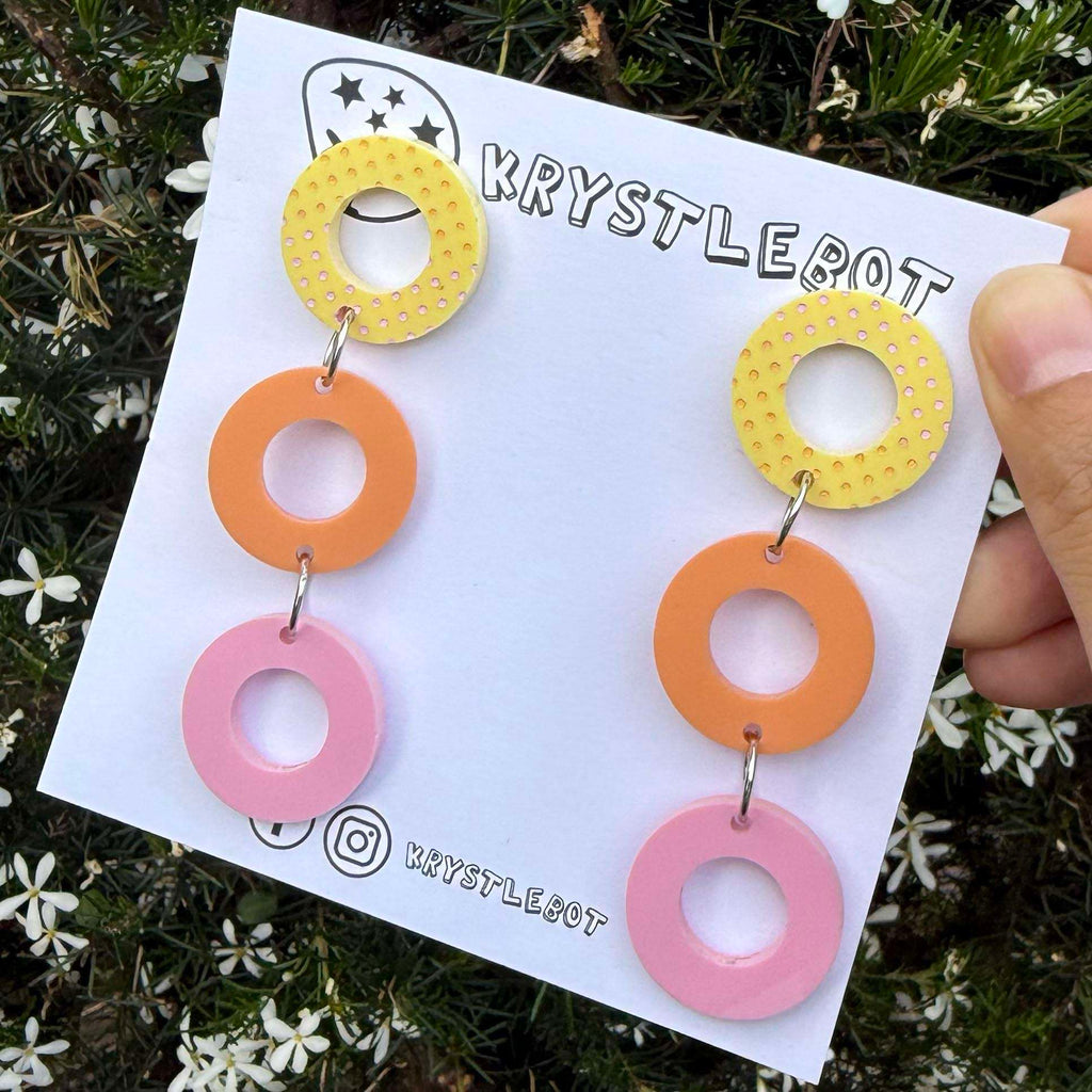 Yellow, Orange and Pink trio Circle Dangles with hand painted top (orange and pink), Acrylic earrings, Lightweight dangles,Teacher Earrings