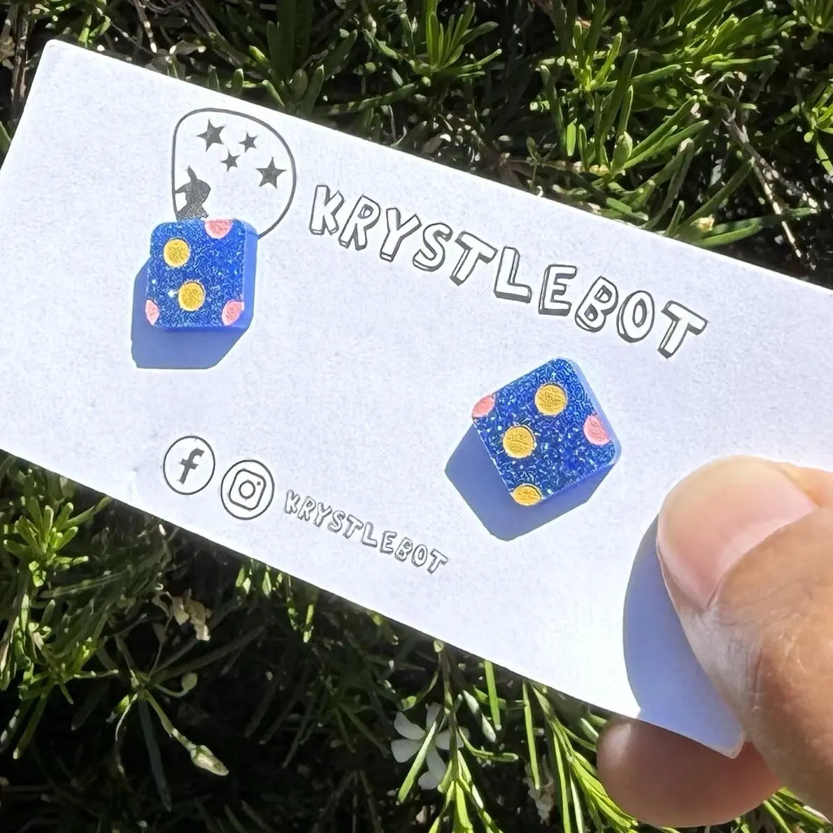 Blue glitter with mustard yellow and pink coloured spotted painted square studs, Teacher Gifts, Everyday earrings, Basic Studs