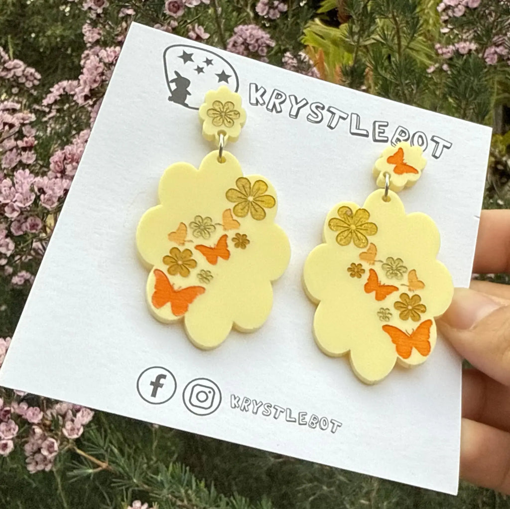 Yellow flower and butterfly Inspired Hand Painted Flower Cloud Burst Earrings, Lightweight Acrylic Dangles, One-Off