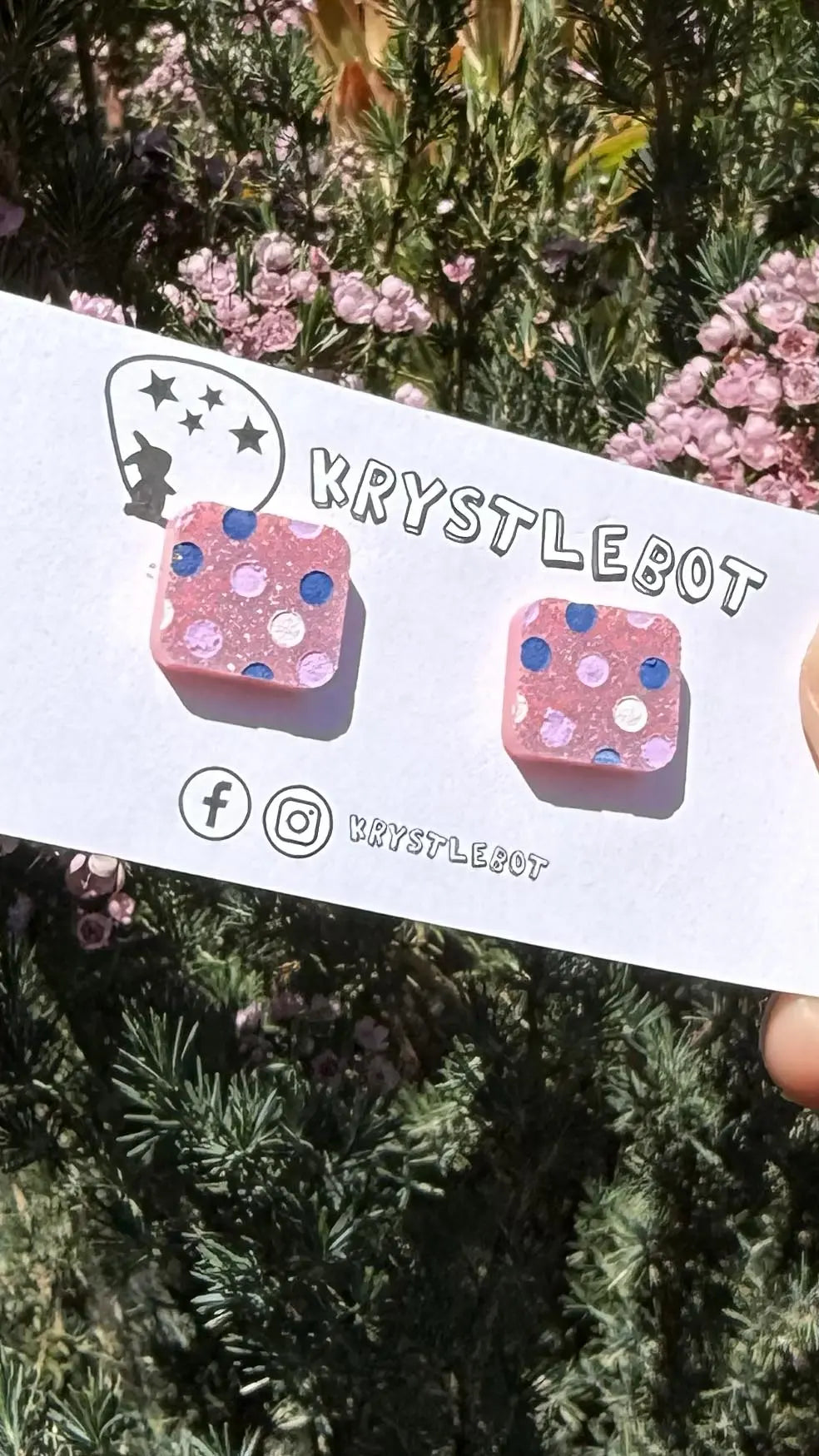 Pink glitter spotted hand painted square shaped acrylic earrings, one-of-a-kind, only one made like this