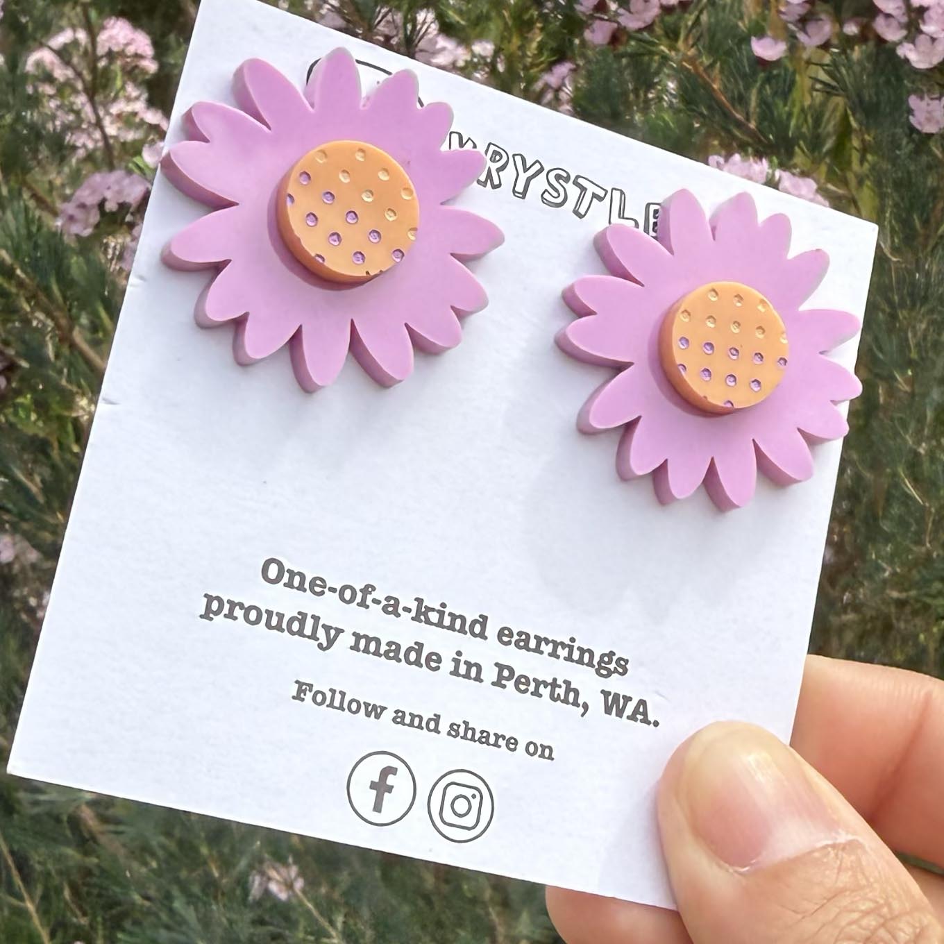 Purple and orange stacked sunflower stud statement earrings, teacher dangles, big large earrings, acrylic earrings