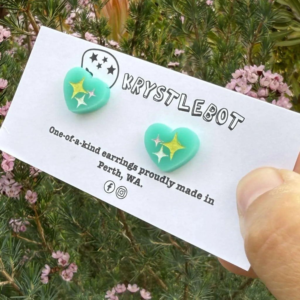 Teal green mini heart trio hand painted acrylic earrings, one-of-a-kind, only one made like this