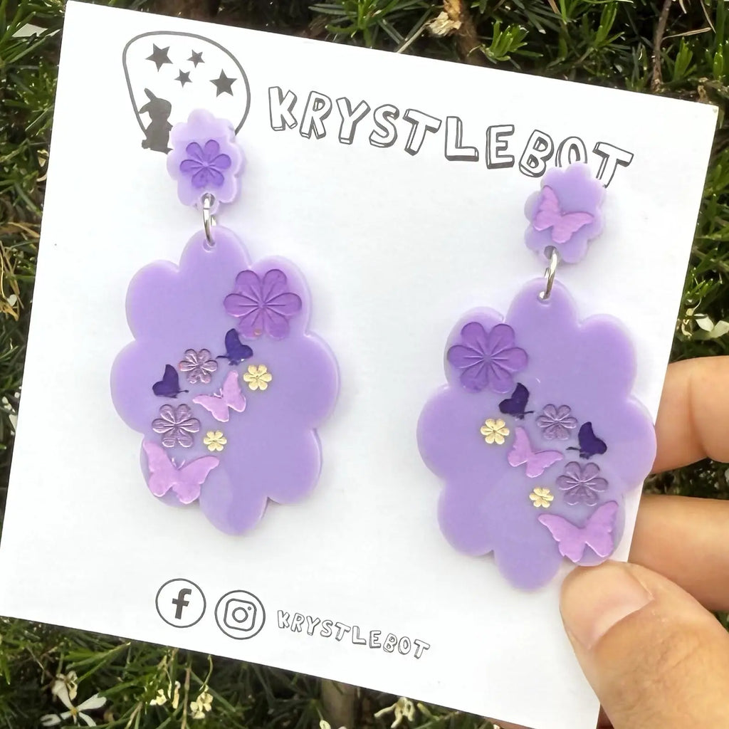 Purple flower and butterfly Inspired Hand Painted Flower Cloud Burst Earrings, Lightweight Acrylic Dangles, One-Off Etsy
