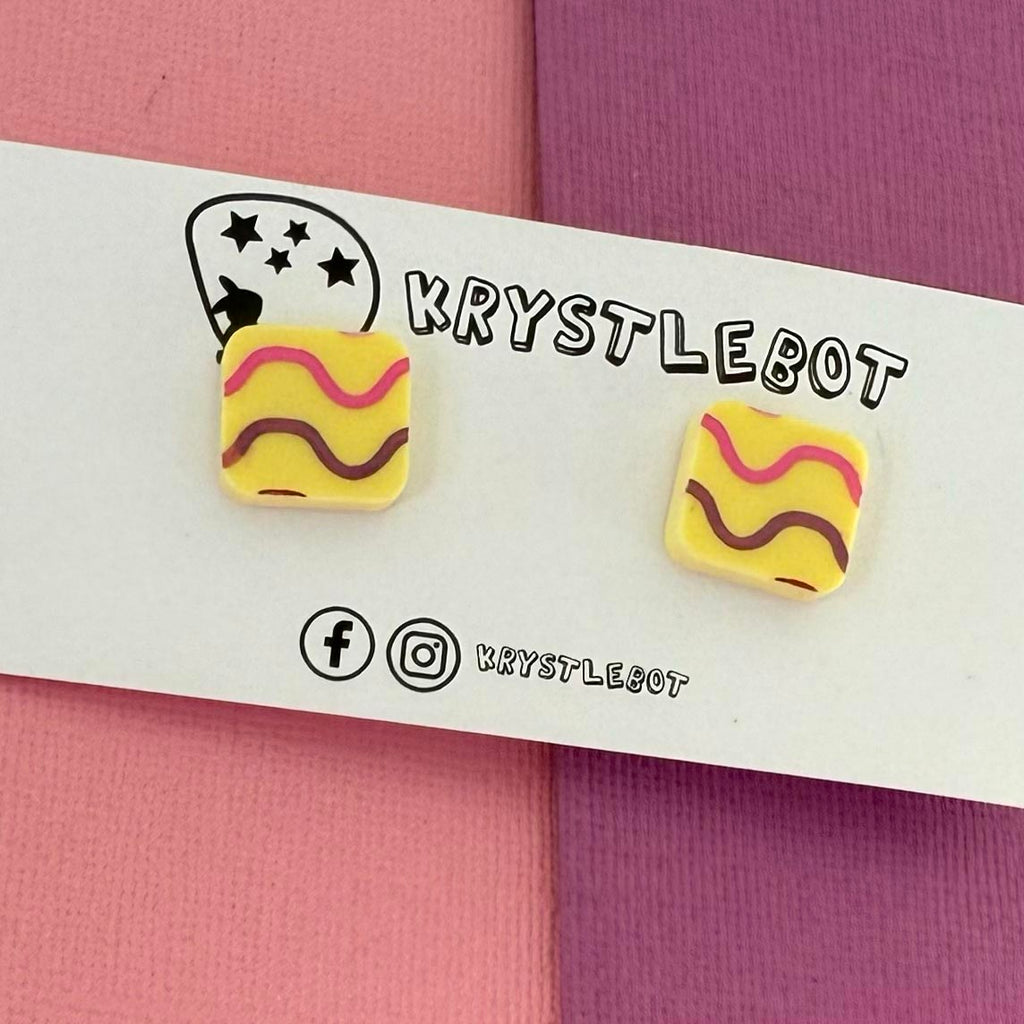 Yellow pink waves hand painted square shaped acrylic earrings, one-of-a-kind, only one made like this