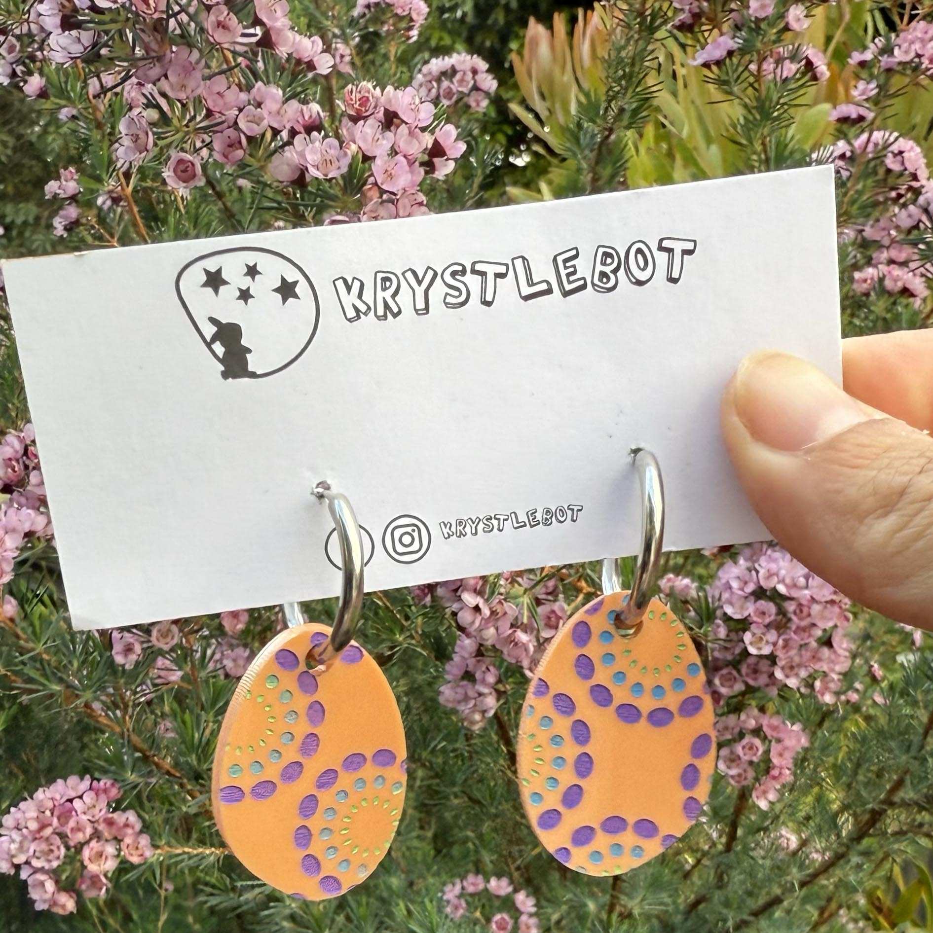 Orange painted circle burst Huggie Hoop oval Earrings, Lightweight Acrylic Dangles, One-Off