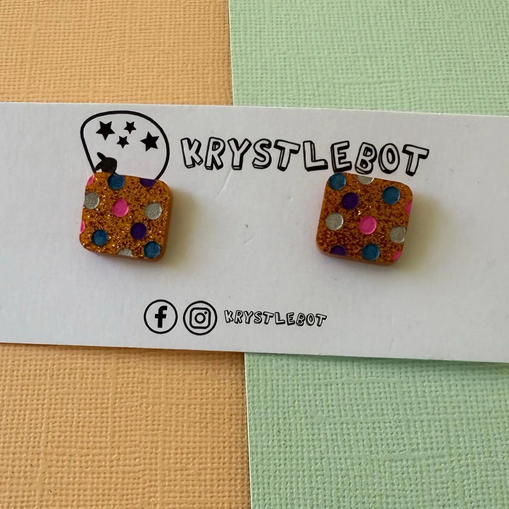 Orange glitter spotted hand painted square shaped acrylic earrings, one-of-a-kind, only one made like this