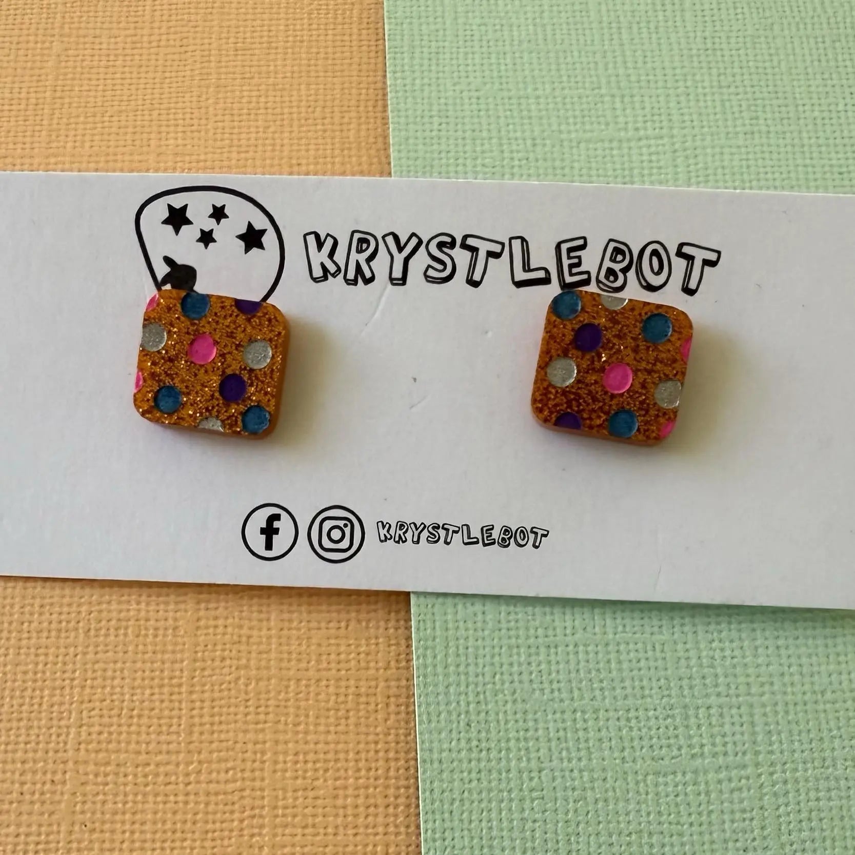 Orange glitter spotted hand painted square shaped acrylic earrings, one-of-a-kind, only one made like this