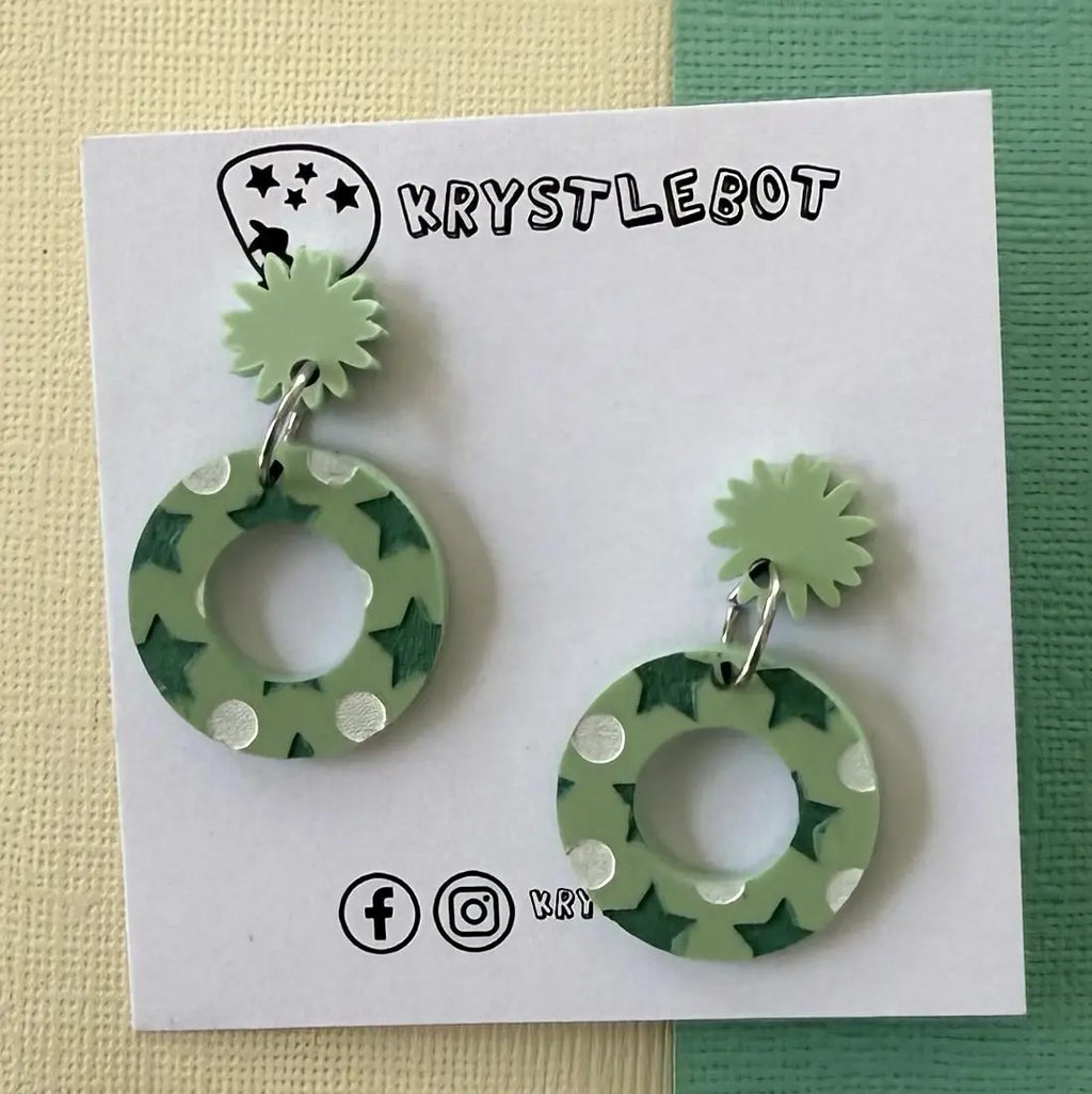 Green moon and star mismatched Dangles, Acrylic earrings, Lightweight dangles,Teacher Earrings