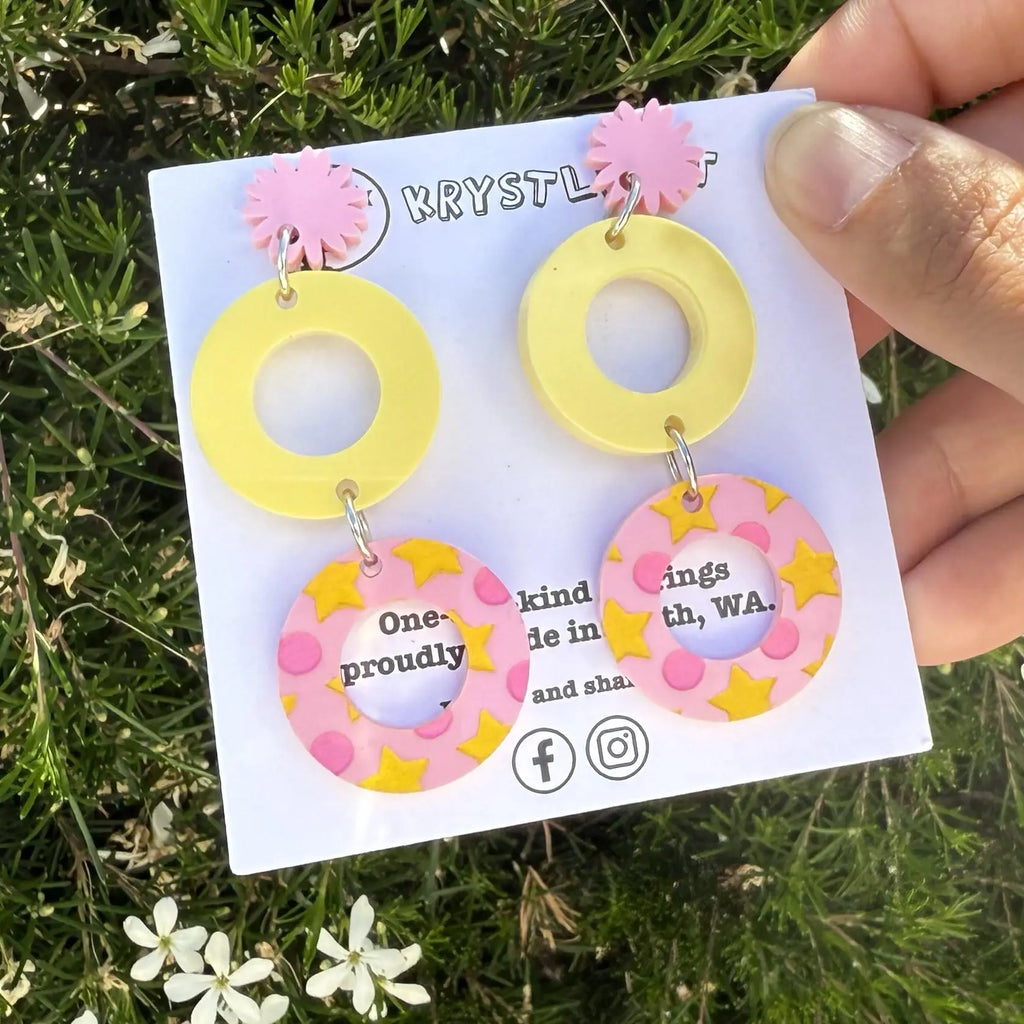 Pink and yellow painted circle and starburst statement dangles, Acrylic earrings, Lightweight dangles,Teacher Earrings
