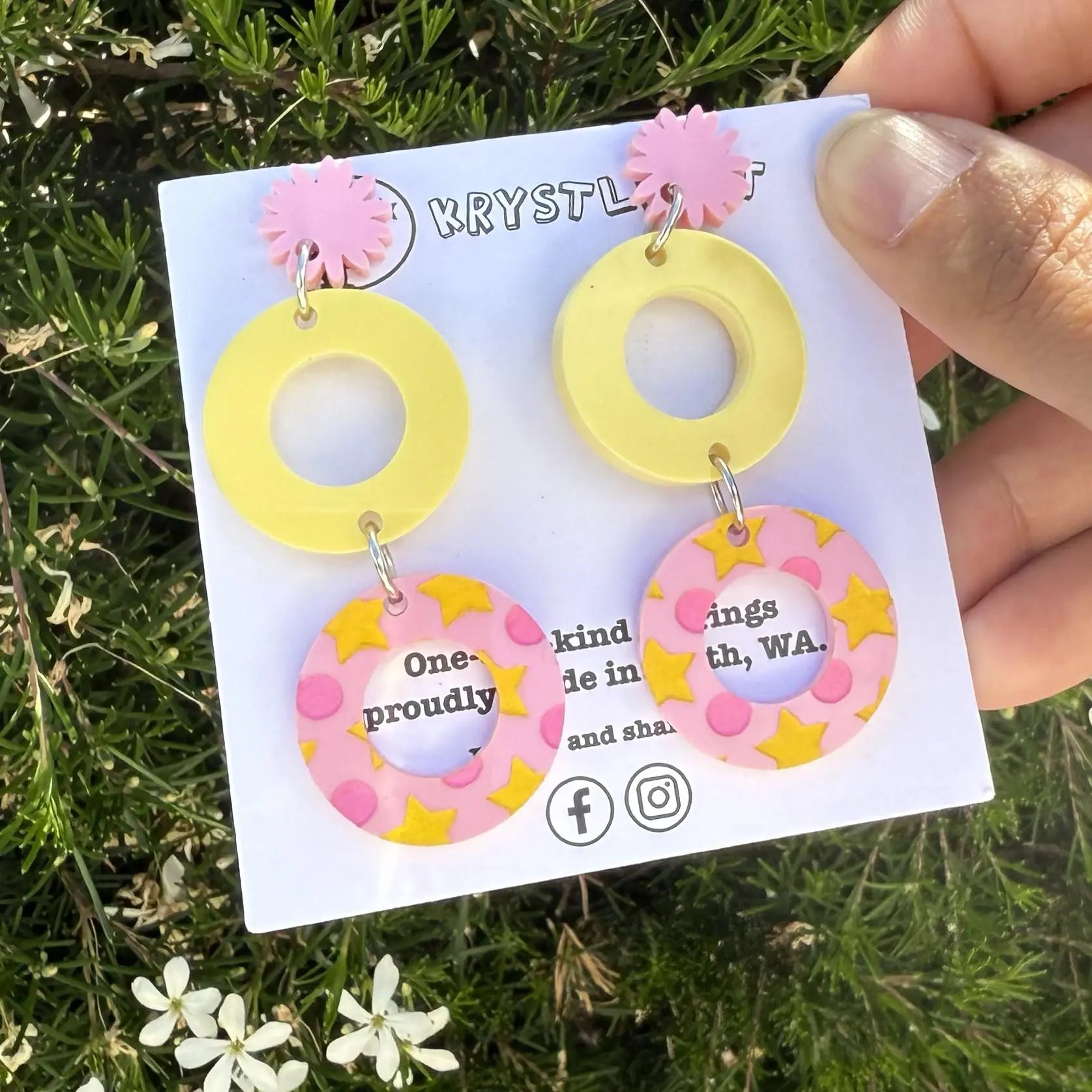 Pink and yellow painted circle and starburst statement dangles, Acrylic earrings, Lightweight dangles,Teacher Earrings