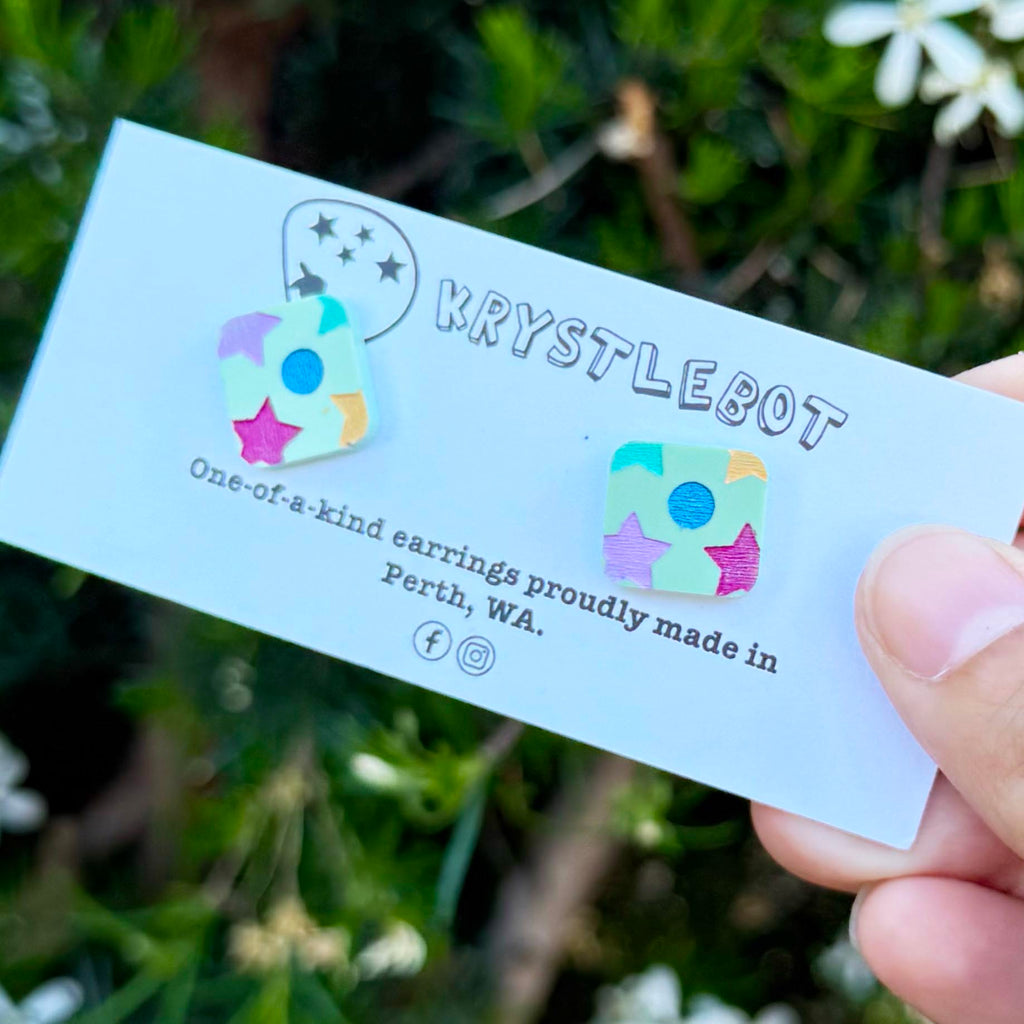 Mint green star and moons multi coloured hand painted square shaped acrylic earrings, one-of-a-kind, only one made like this