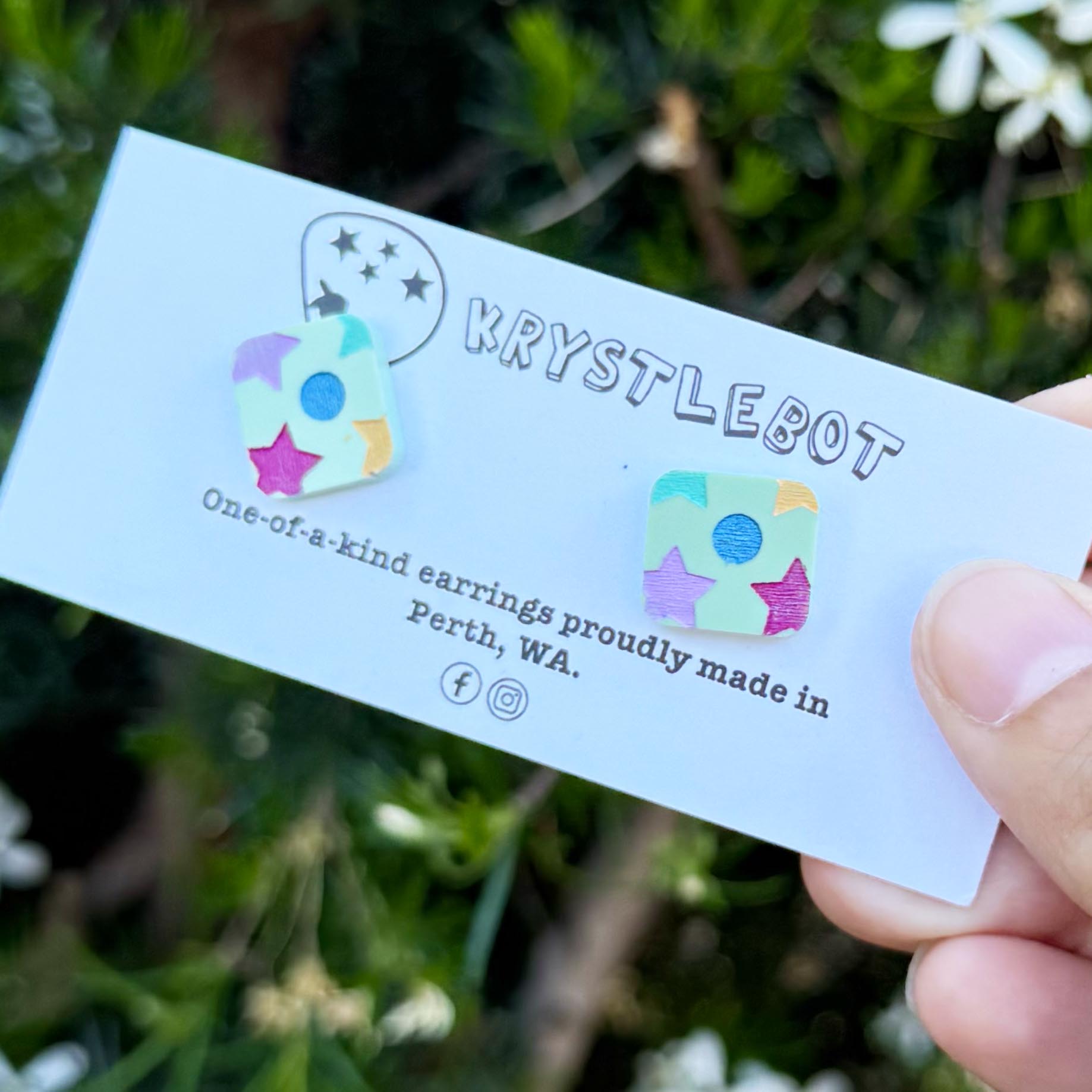 Mint green star and moons multi coloured hand painted square shaped acrylic earrings, one-of-a-kind, only one made like this